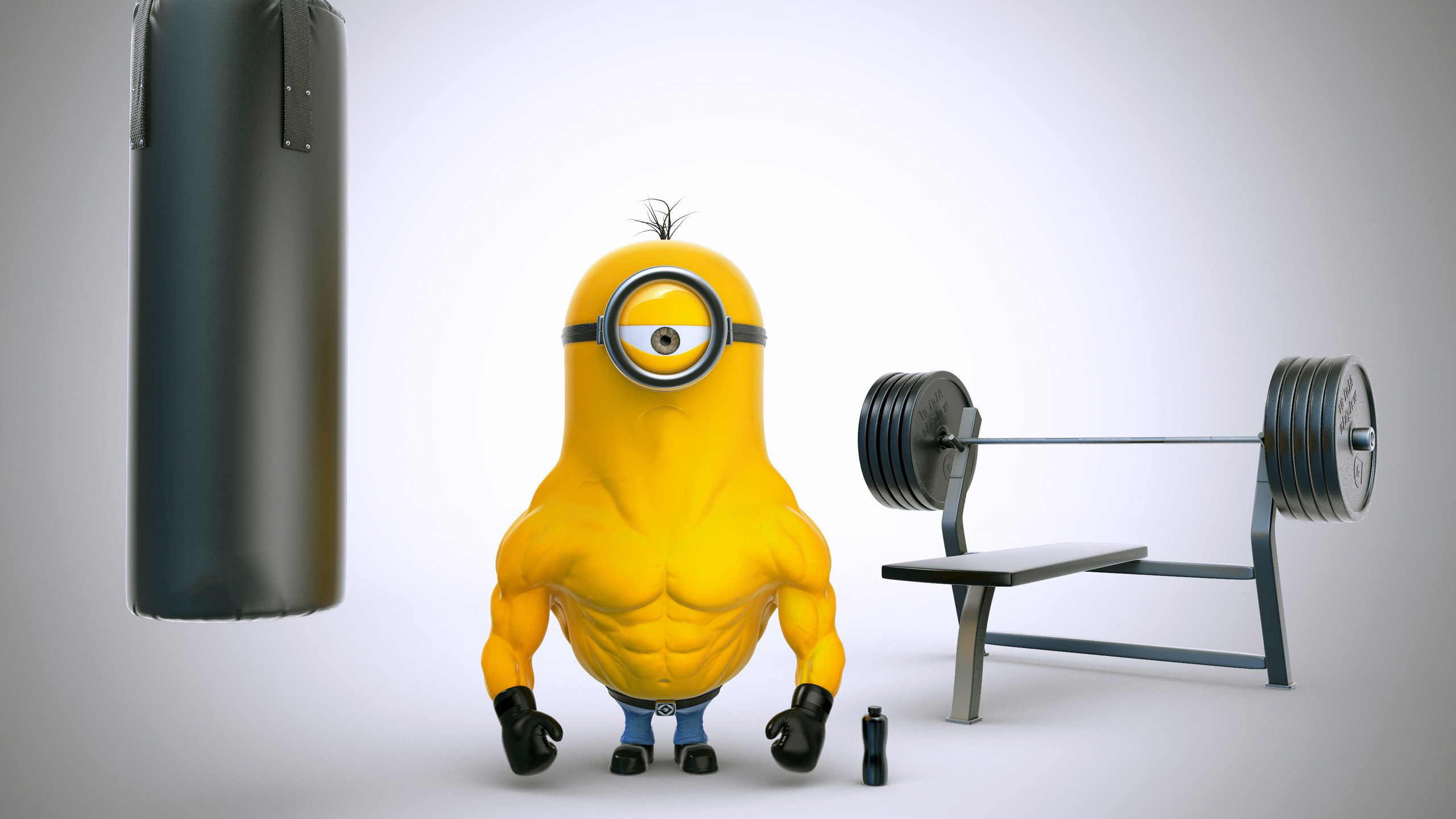 Minions, Muscoli, Palestra, Sacco da boxe, 16:9 2K, sfondo widescreen