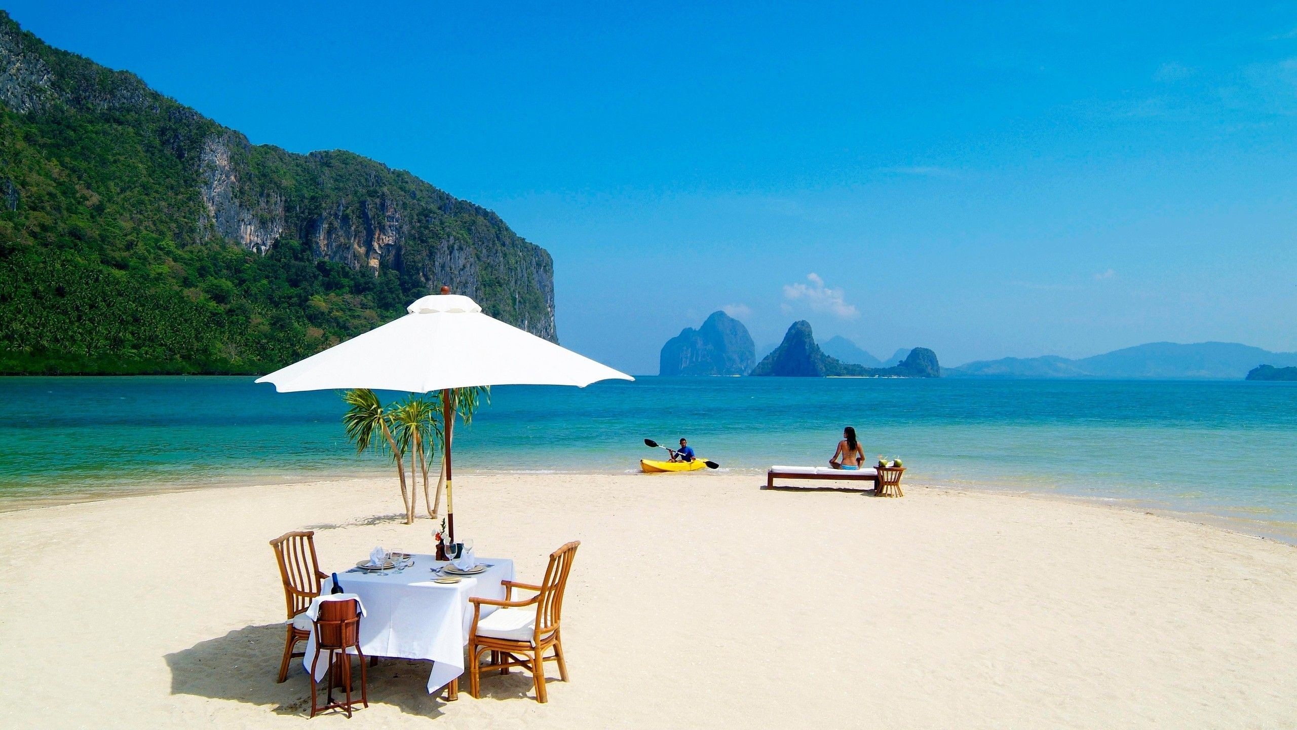 El Nido, Palawan, Filippine, Spiaggia tropicale, Ombrellone, Cena in spiaggia, sfondo 1440p