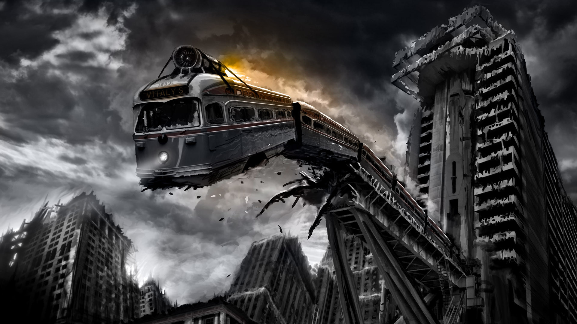 Treno deragliato, Città in rovina, Arte digitale, Bianco e nero, sfondo 1920x1080 per PC