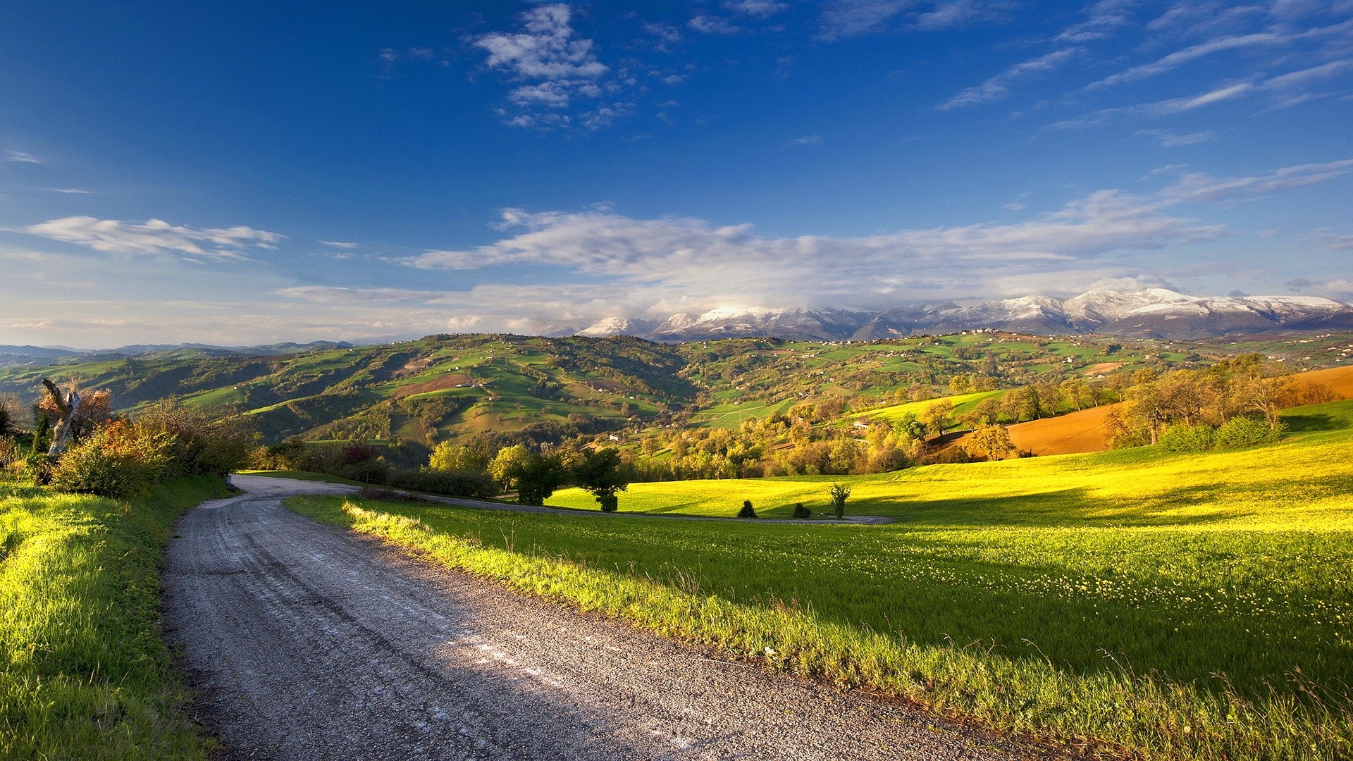 Colline, Strada sterrata, Campagna, Cielo blu, Paesaggio, 1920x1080, sfondo per PC