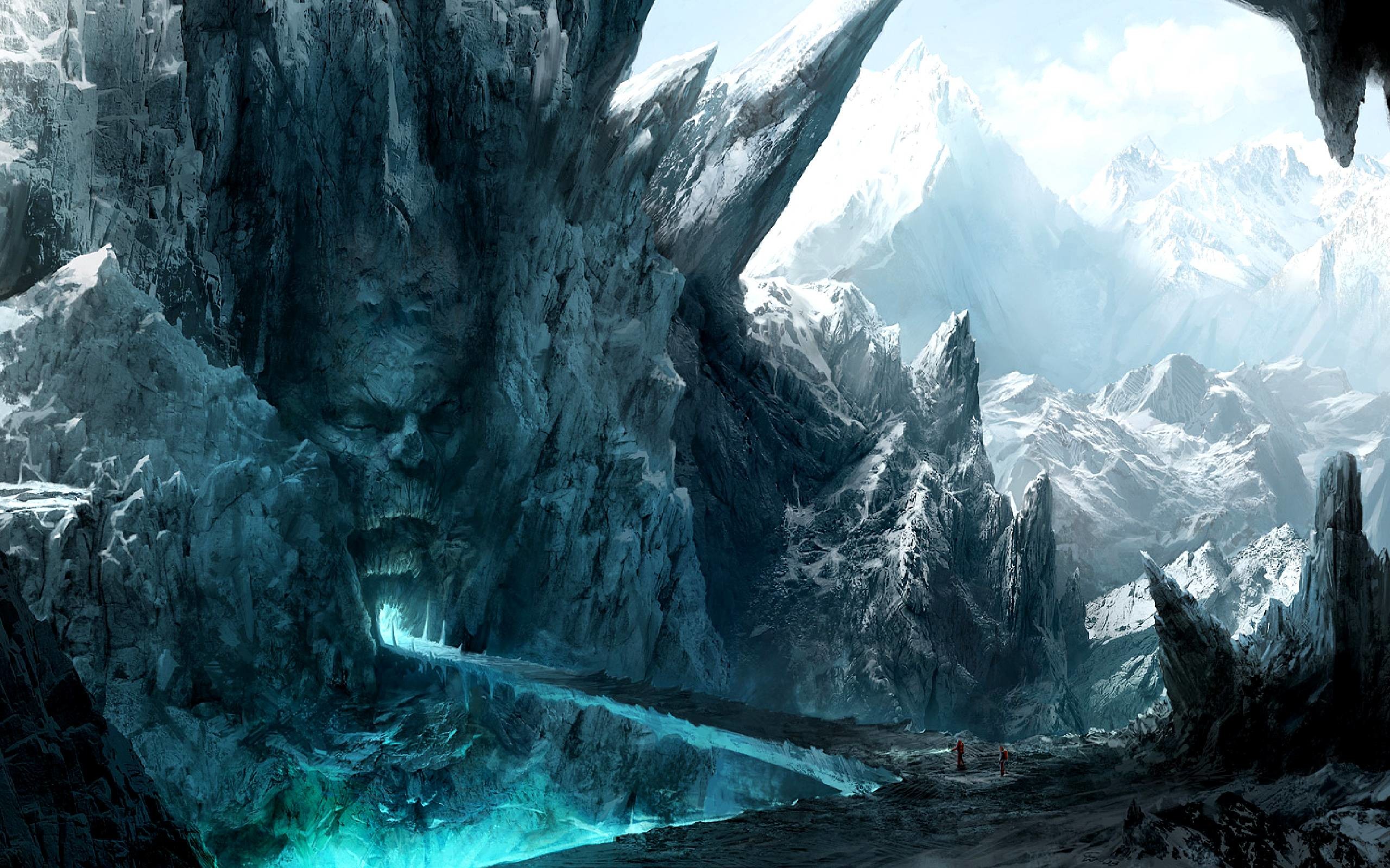 Montagne, Ghiaccio, Canyon, Arte fantasy, Blu, 2K, sfondo per PC e portatile