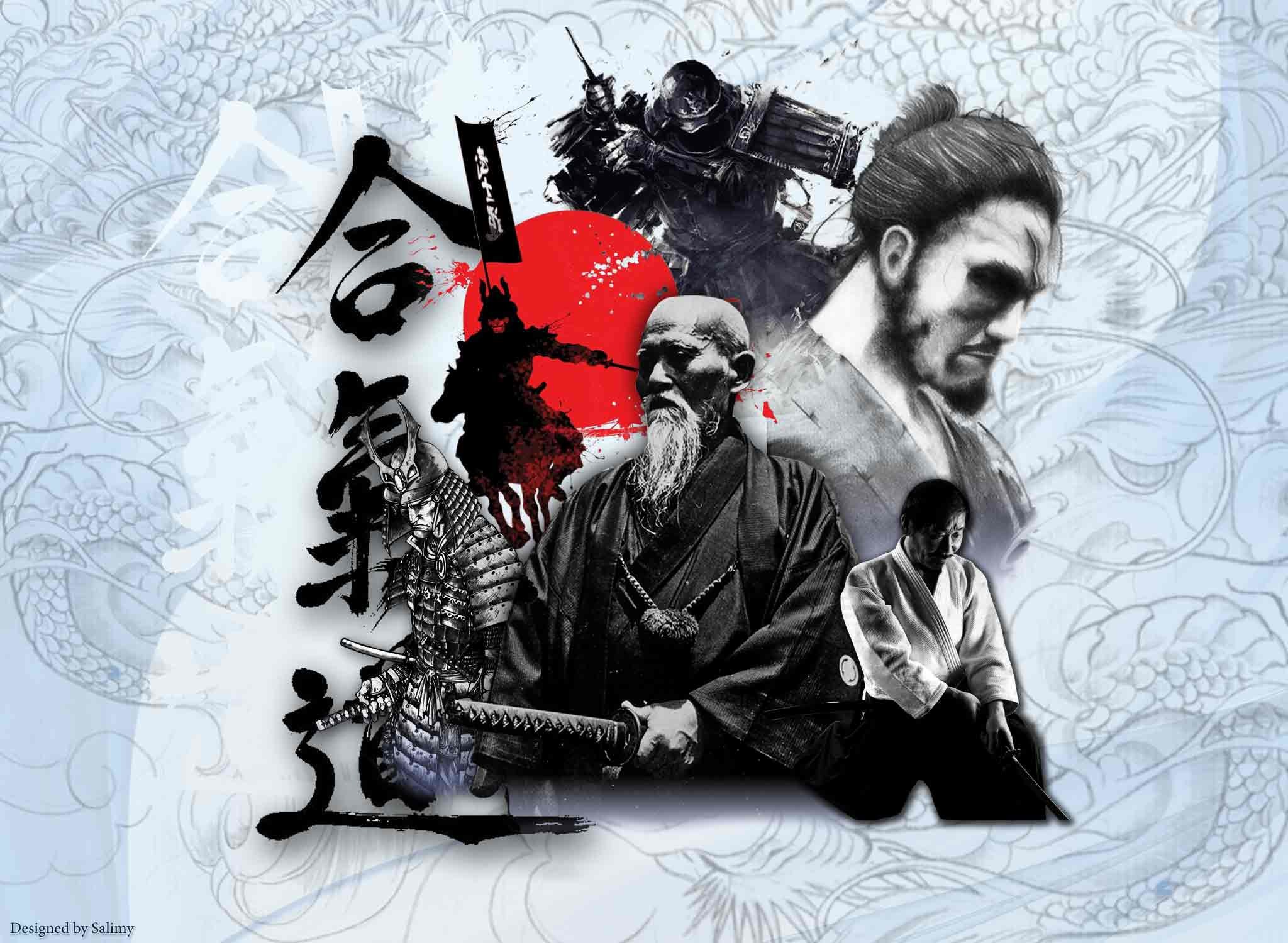 Aikido, Morihei Ueshiba, Samurai, Collage, Full HD, sfondo per portatile