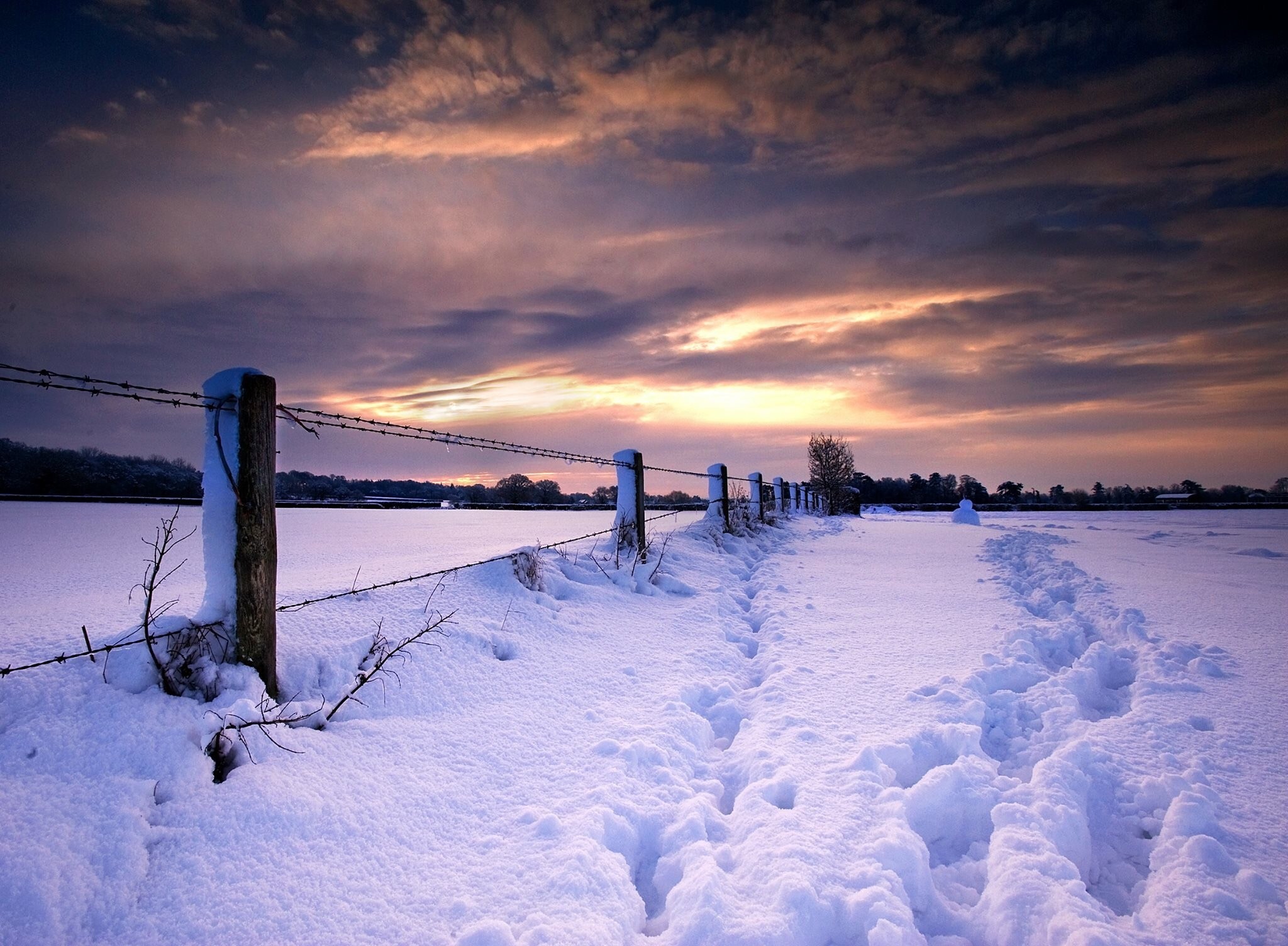 Neve, Staccionata, Impronte, Tramonto, Full HD, sfondo per PC