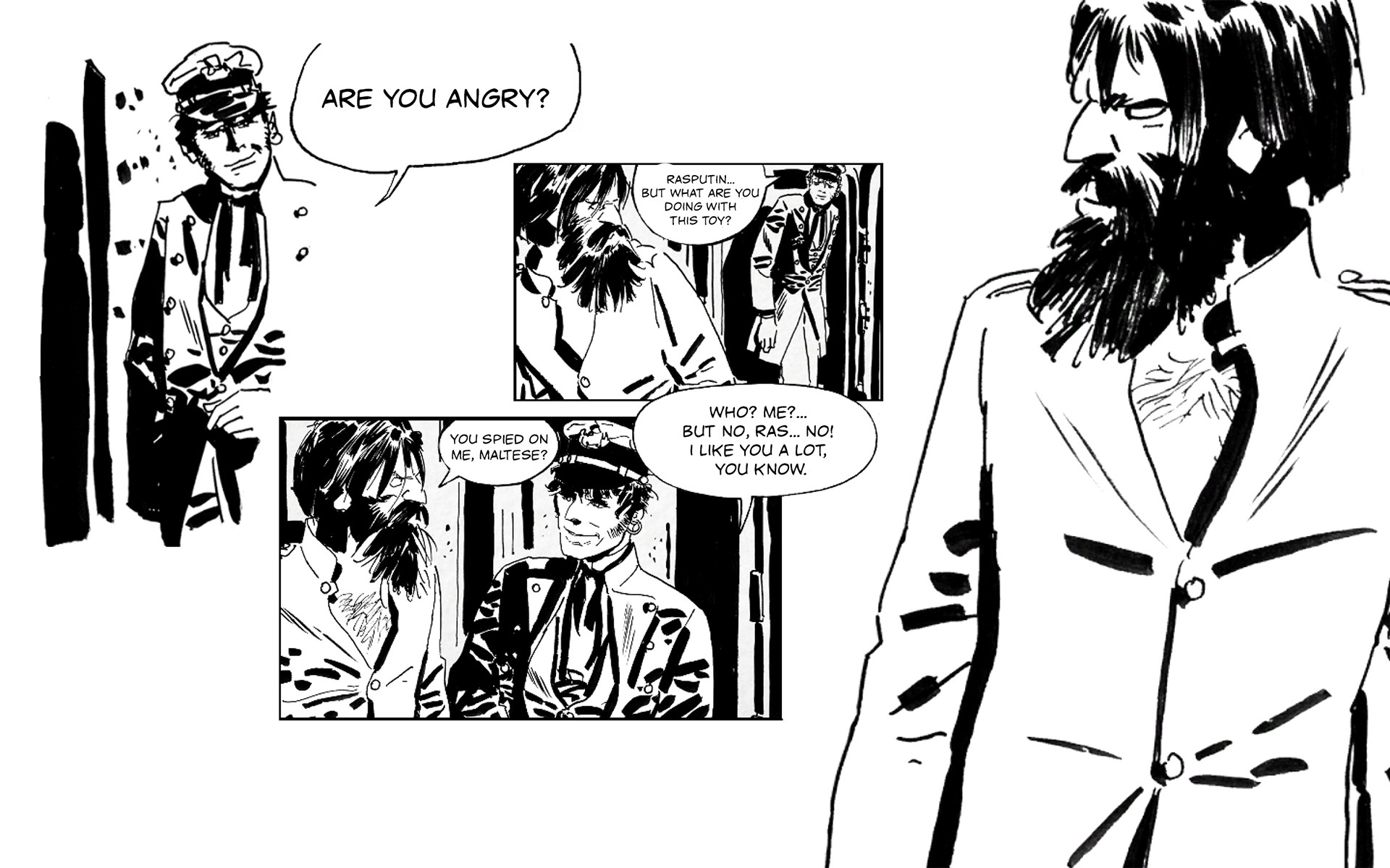 Corto Maltese, Rasputin, Hugo Pratt, Fumetto, Bianco e nero, Full HD, sfondo per PC