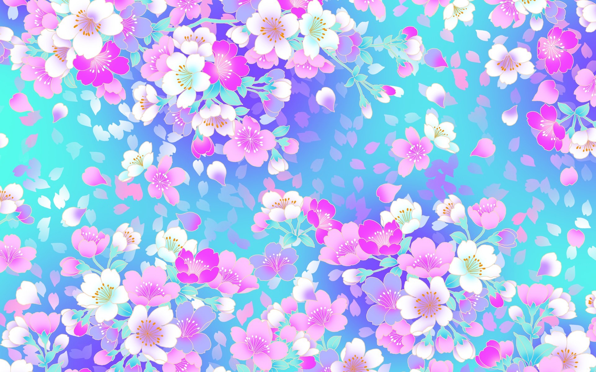 Fiori di ciliegio, Motivo floreale, Rosa, Turchese, Full HD, sfondo desktop