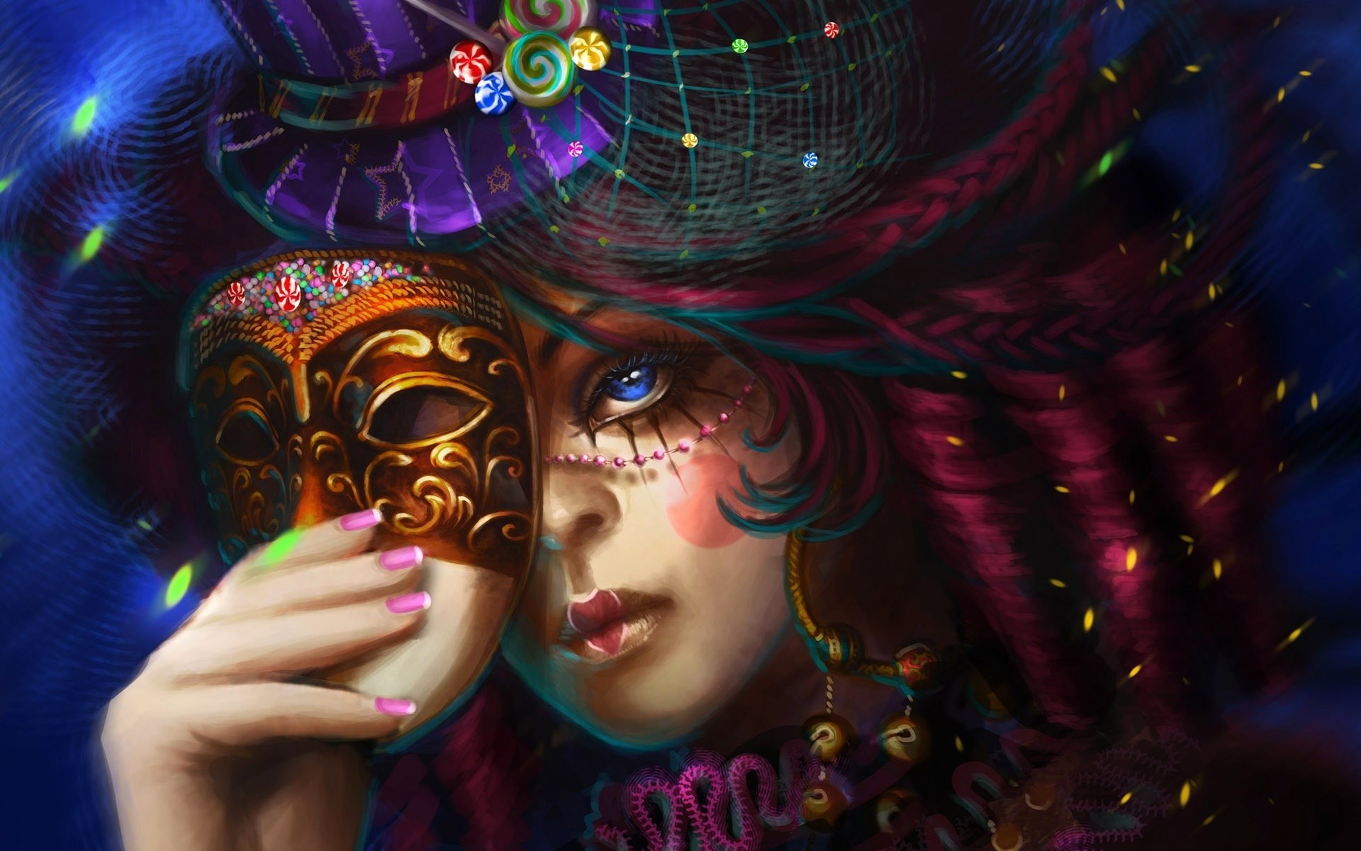 Donna mascherata, Maschera veneziana, Cappello, Pittura digitale, sfondo widescreen Full HD