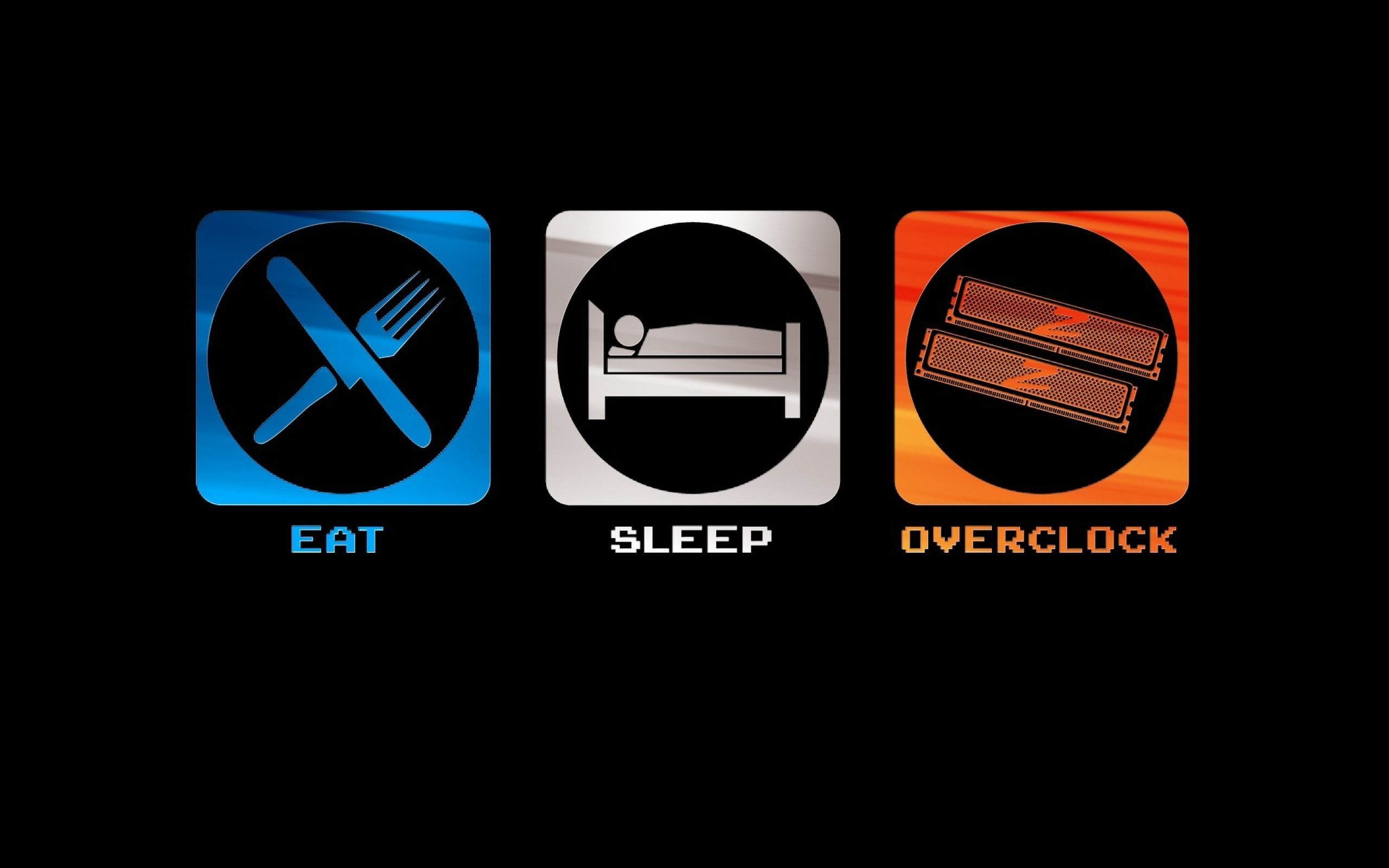 Eat Sleep Overclock, Icone, Sfondo nero, 2K, wallpaper per computer