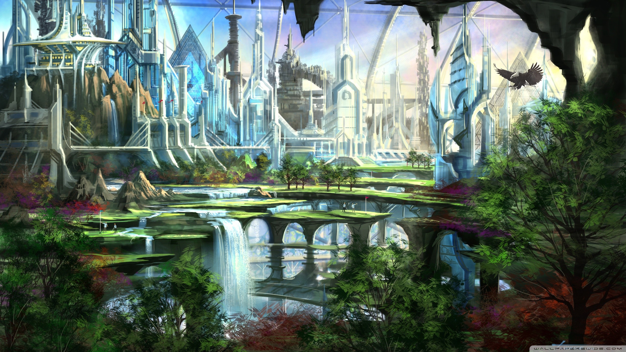 Città fantasy, Cascate, Castello, Fantasy art, 2K, sfondo per PC
