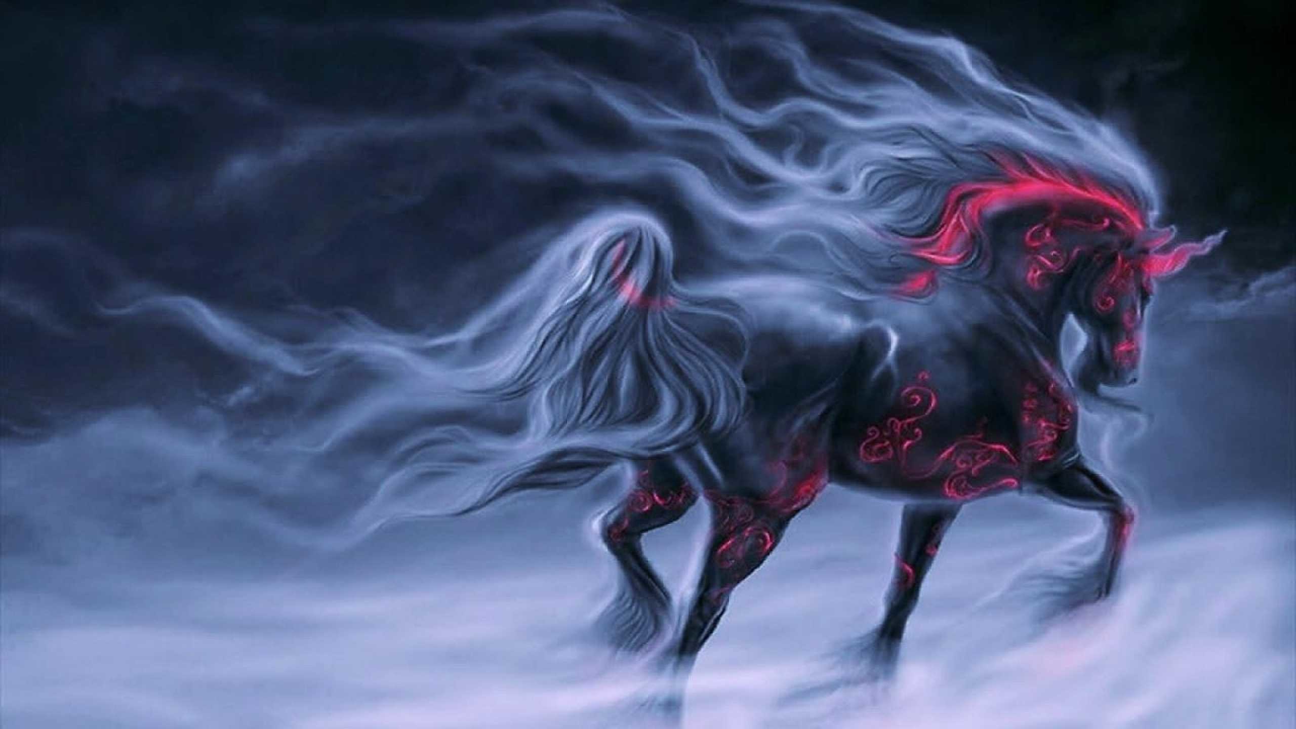 Unicorno nero, Fantasy, Criniera fumosa, Arte digitale, 2560x1440, immagine di sfondo