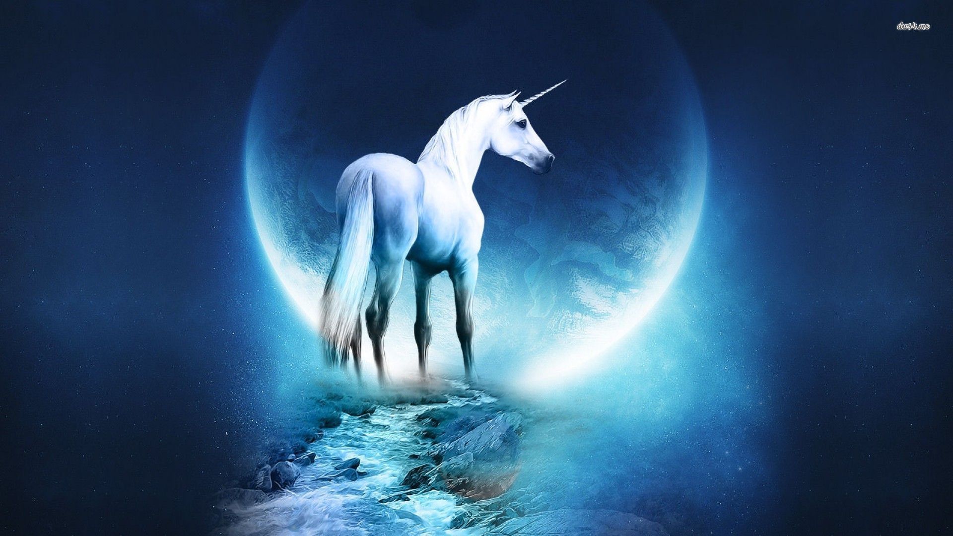 Unicorno, Fantasy, Luna piena, Toni blu, Full HD 1080p, sfondo desktop