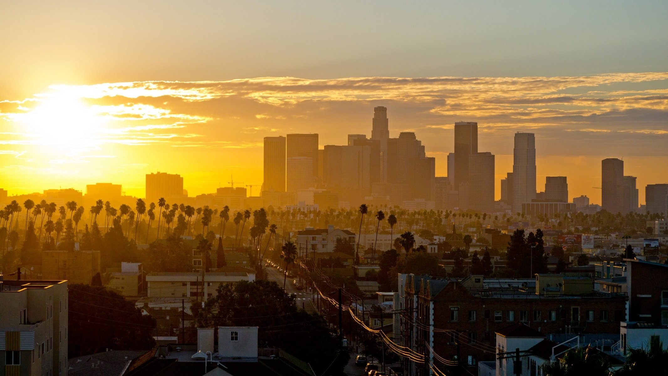 Los Angeles, Skyline, Tramonto, Palme, California, Full HD, sfondo per PC e portatile