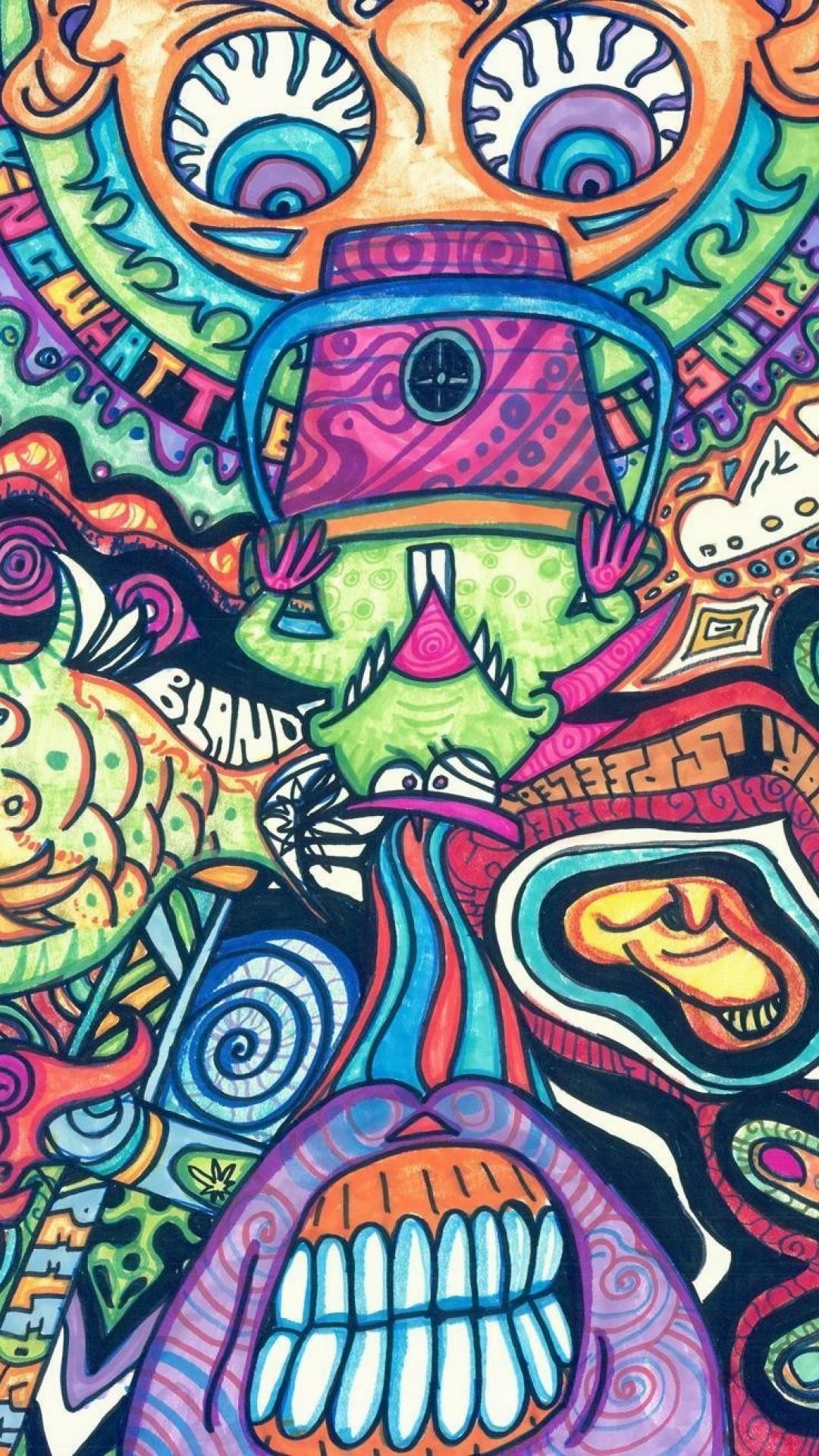 Arte psichedelica, Volto, Denti, Doodle, 1080x1920, schermata di blocco iPhone