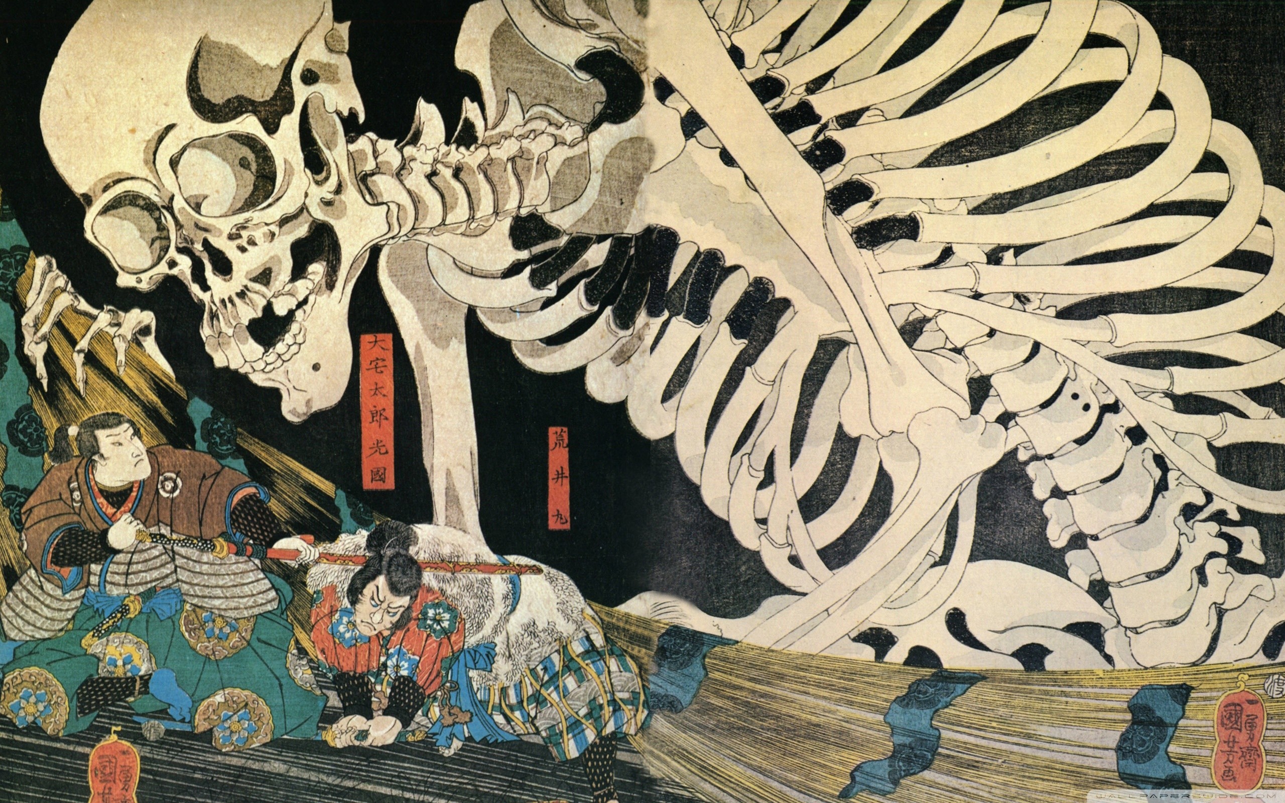 Utagawa Kuniyoshi, Scheletro gigante, Gashadokuro, Ukiyo-e, Arte giapponese, sfondo 1600p