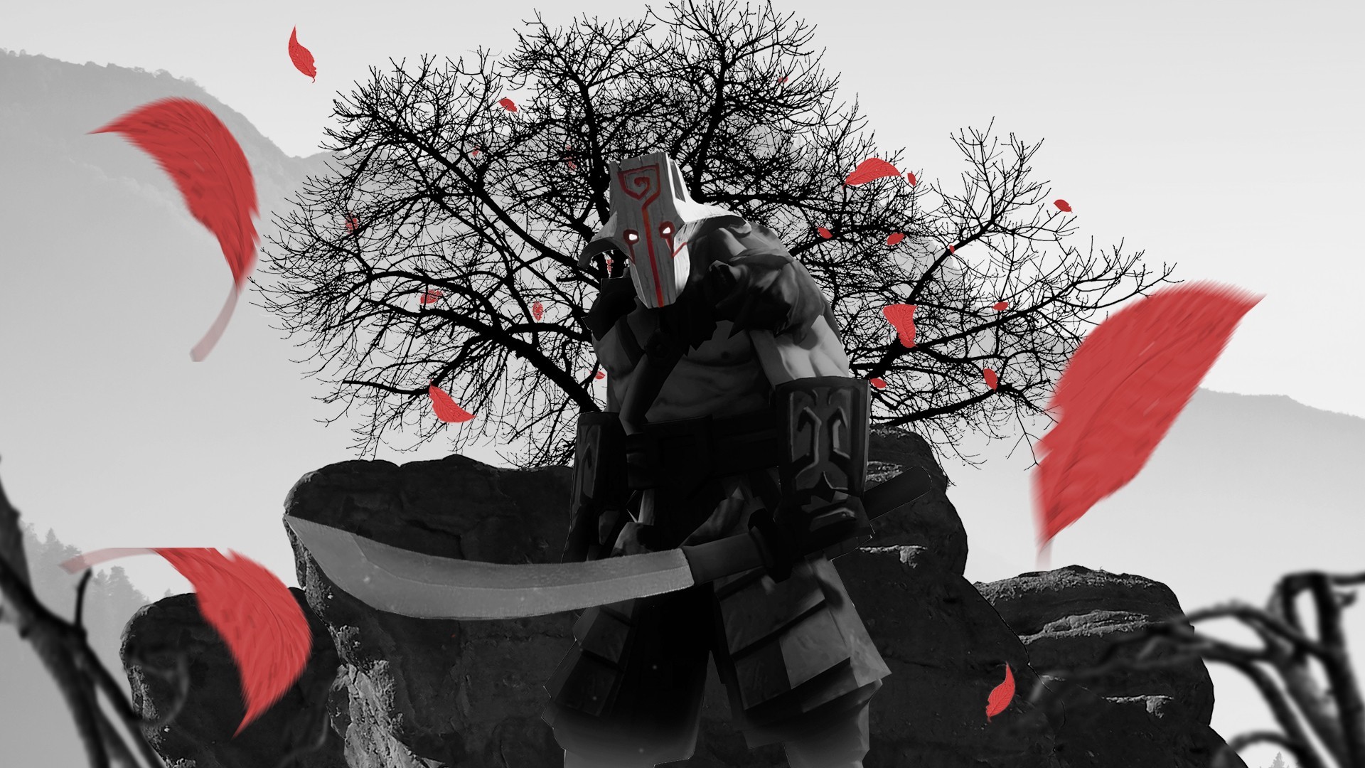 Juggernaut, Dota 2, Maschera, Albero, Bianco e nero, 16:9 Full HD, sfondo widescreen