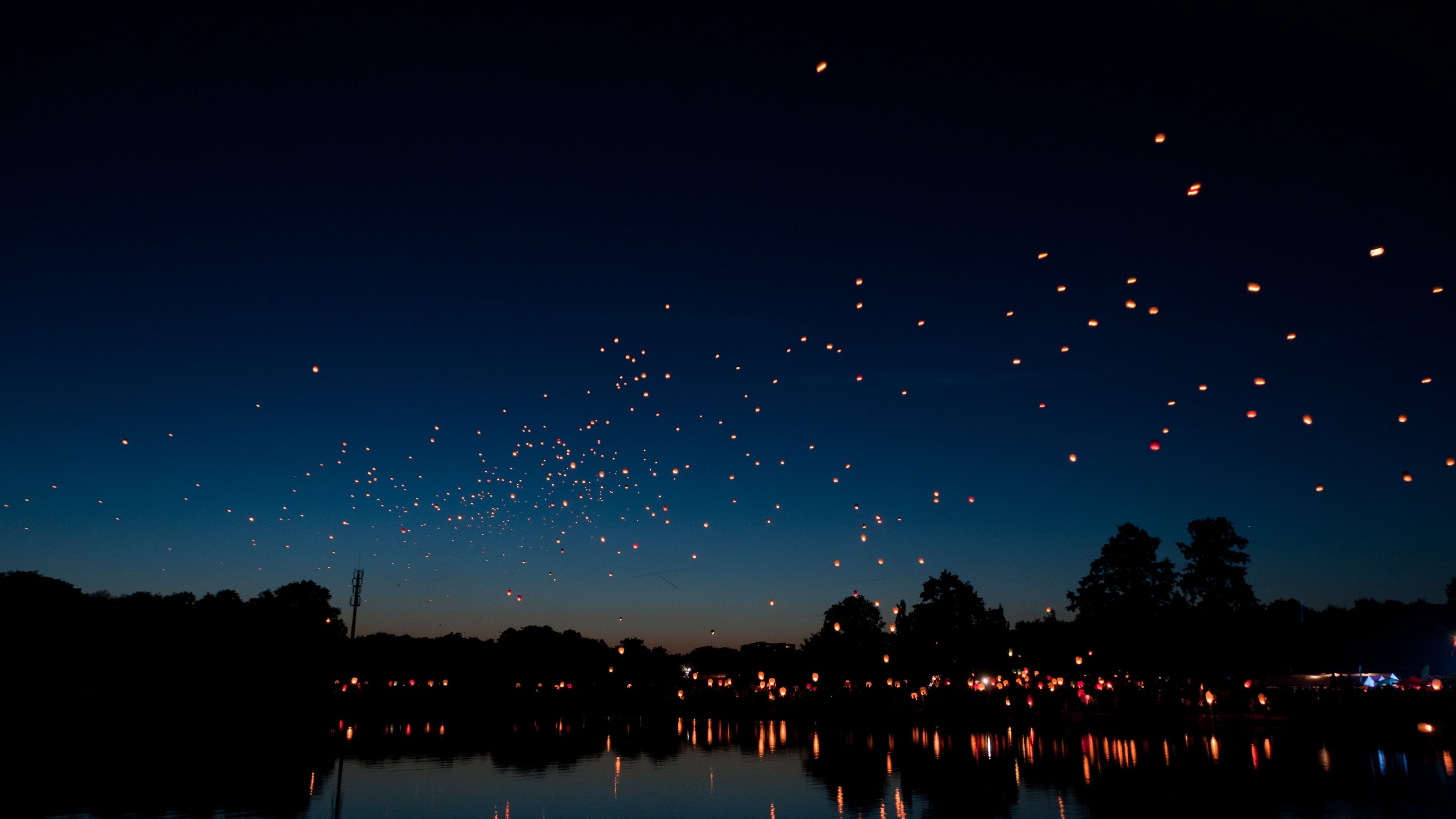Lanterne volanti, Lago, Notte, 4K, wallpaper per portatile