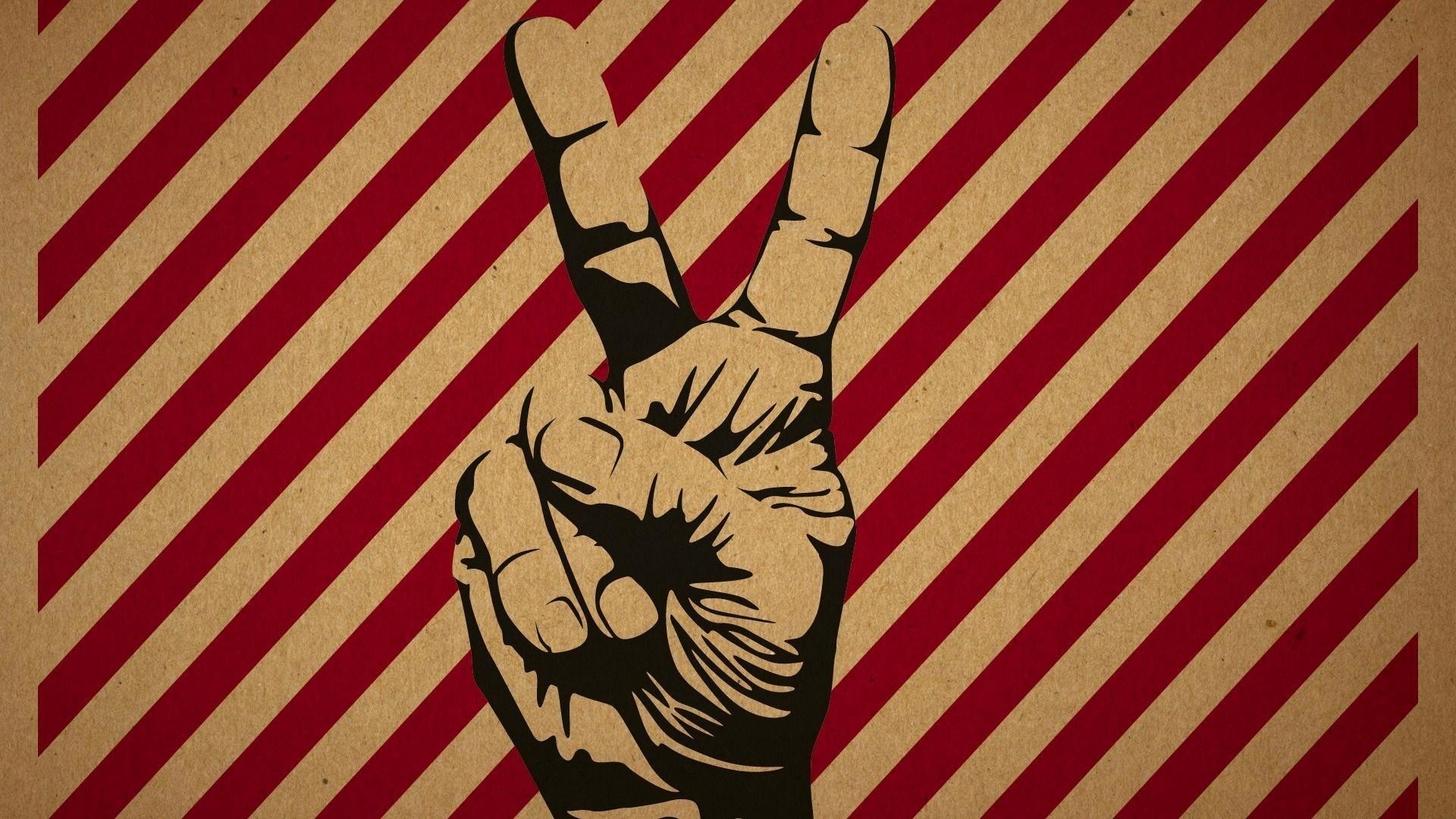 Segno della pace, Mano, Strisce rosse, Retrò, 16:9 Full HD, wallpaper widescreen