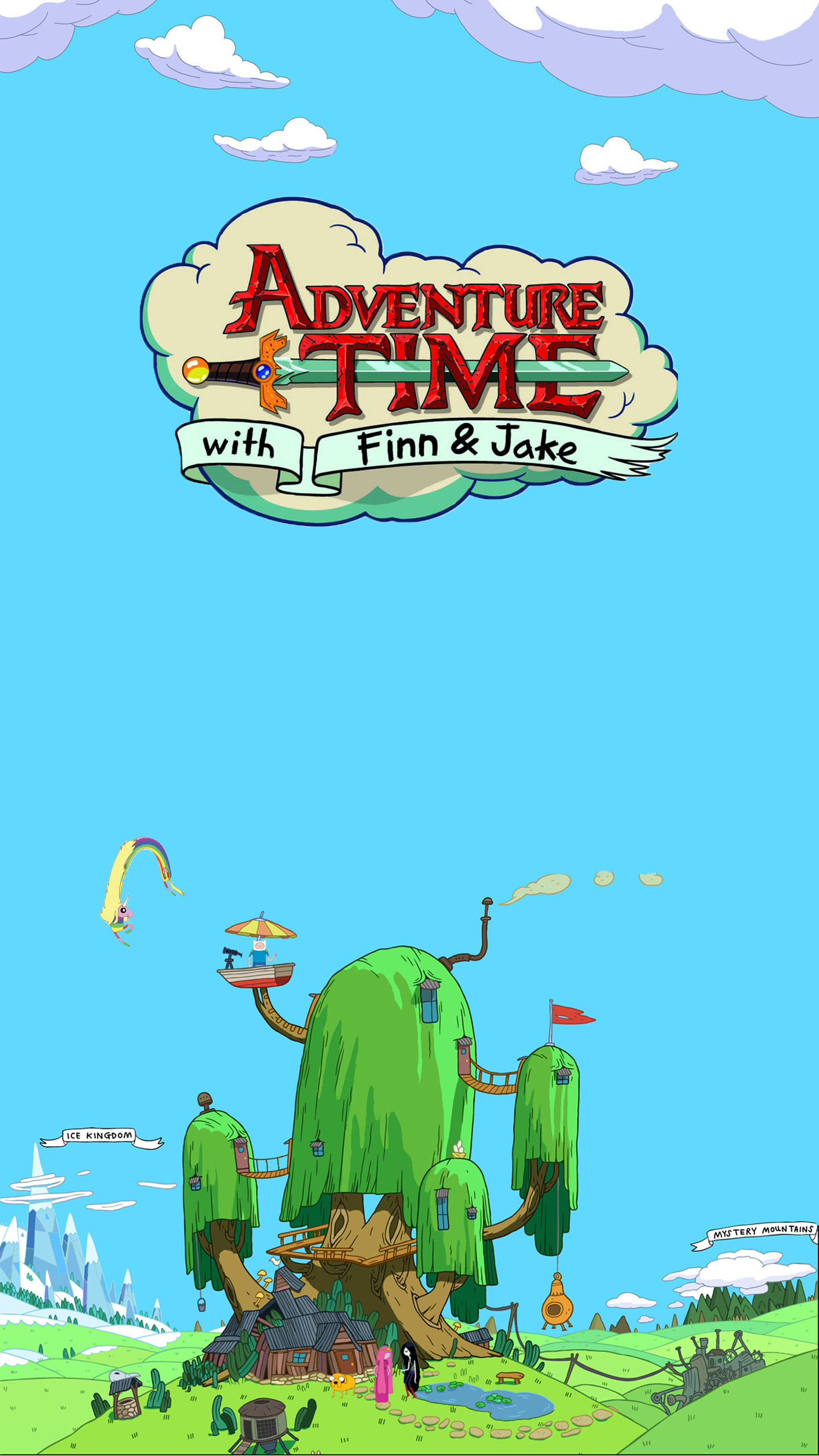 Adventure Time, Casa sull'albero, Logo, Cielo azzurro, QHD+, schermata di blocco del cellulare