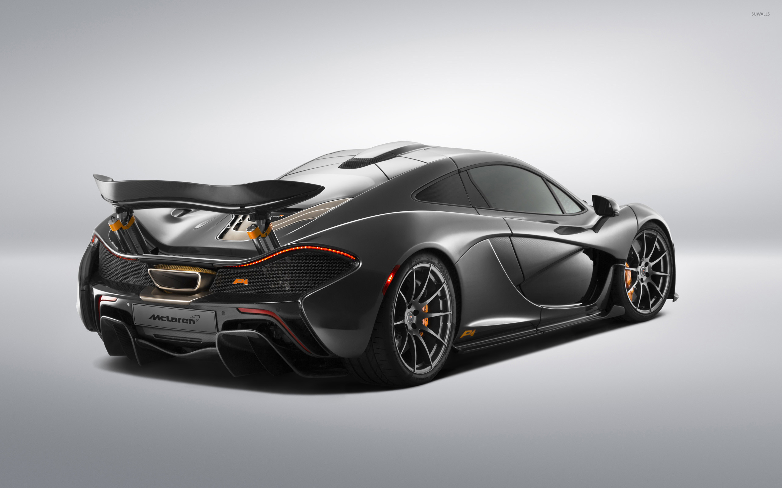 McLaren P1, Grigio, Vista posteriore, Sfondo bianco, 2K, wallpaper per PC