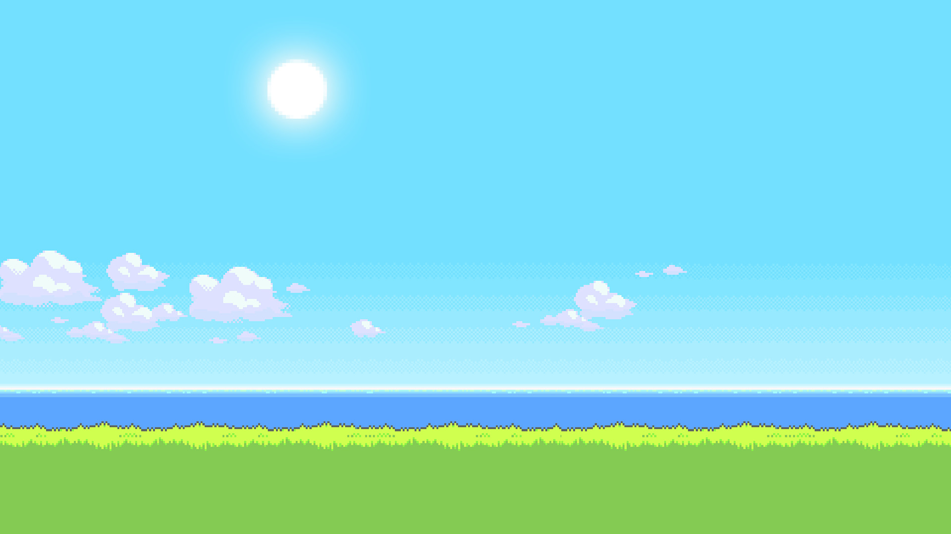 Pixel art, Prato, Mare, Cielo azzurro, Sole, Full HD, sfondo per PC