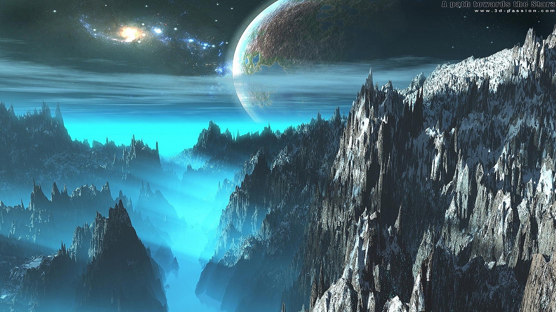 Paesaggio alieno, Pianeta, Montagne, Fantascienza, 16:9 Full HD, sfondo widescreen
