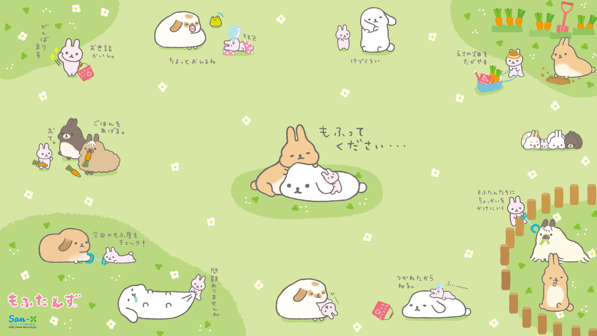 Mochi Usagi, Coniglietti, San-X, Prato, 16:9 Full HD, sfondo widescreen