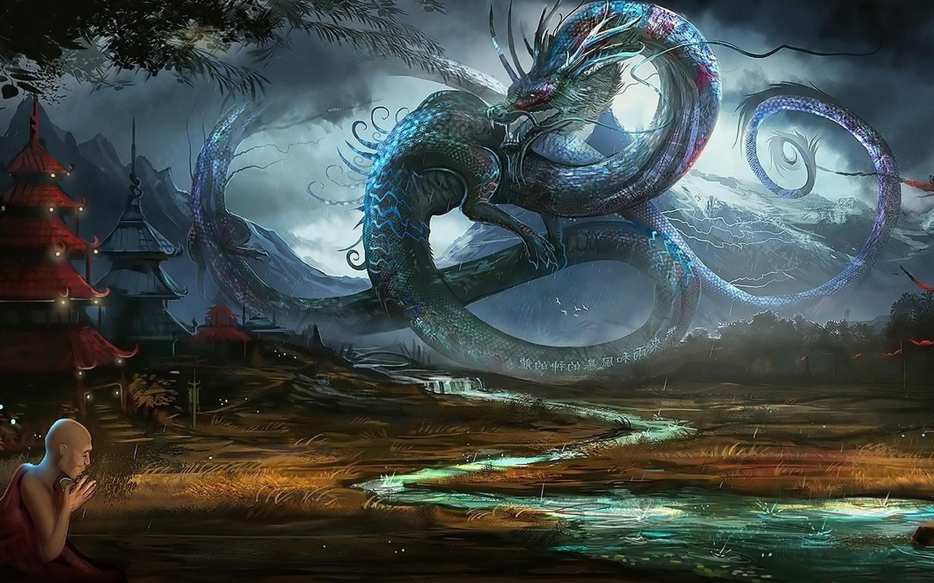 Drago cinese, Fantasy, Monaco, Pagoda, Fiume, Full HD, sfondo per PC