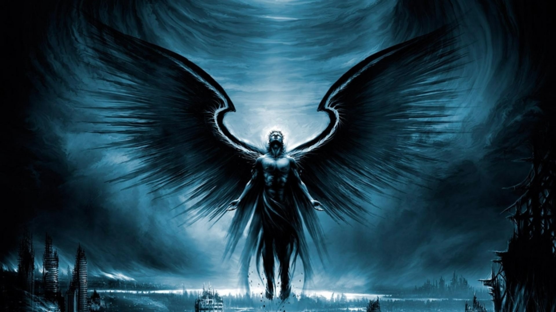 Angelo oscuro, Ali, Arte fantasy, Blu, Full HD 1080p, sfondo desktop