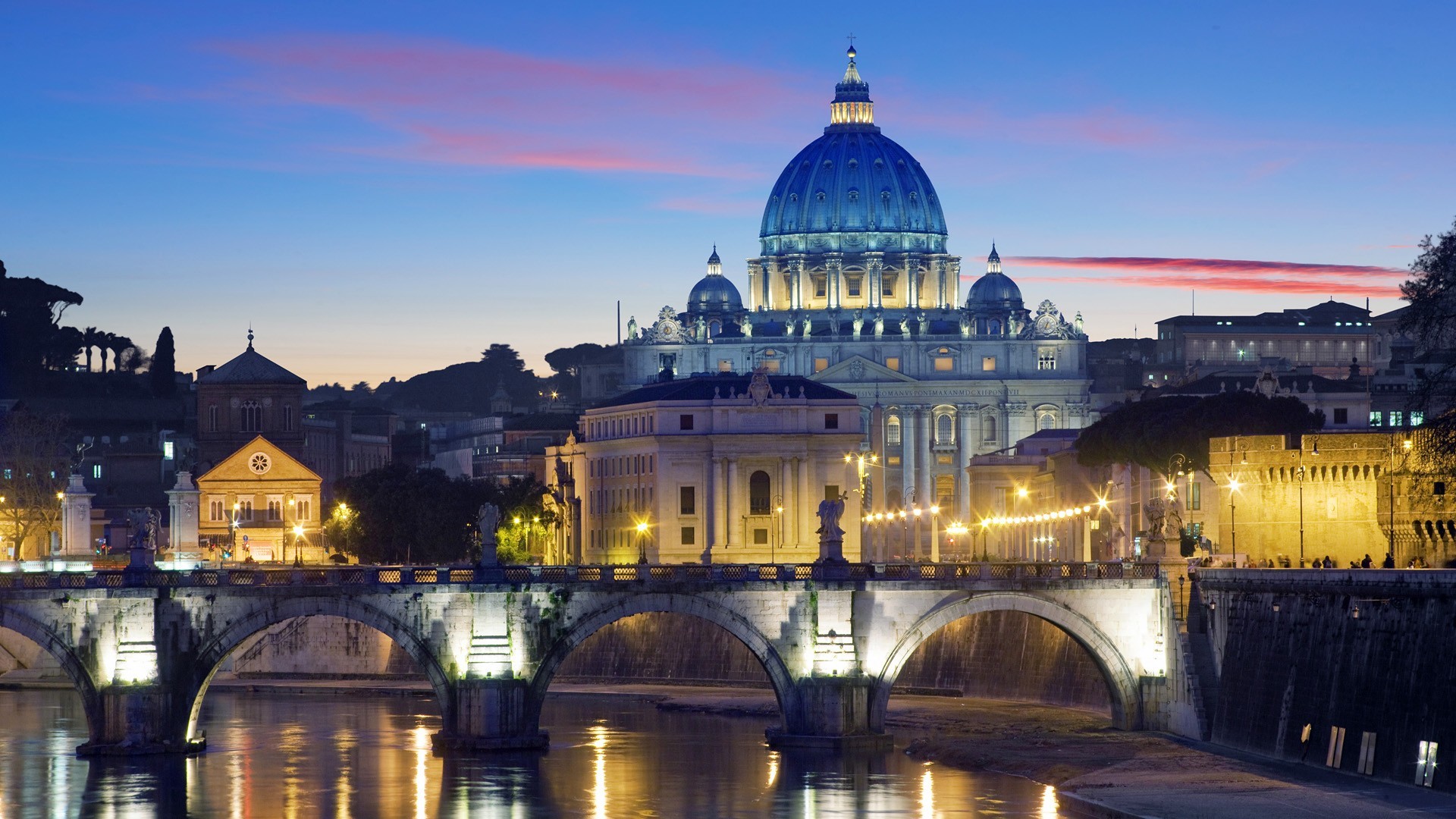 Basilica di San Pietro, Ponte Sant'Angelo, Tevere, Roma, Crepuscolo, sfondo Full HD per portatile