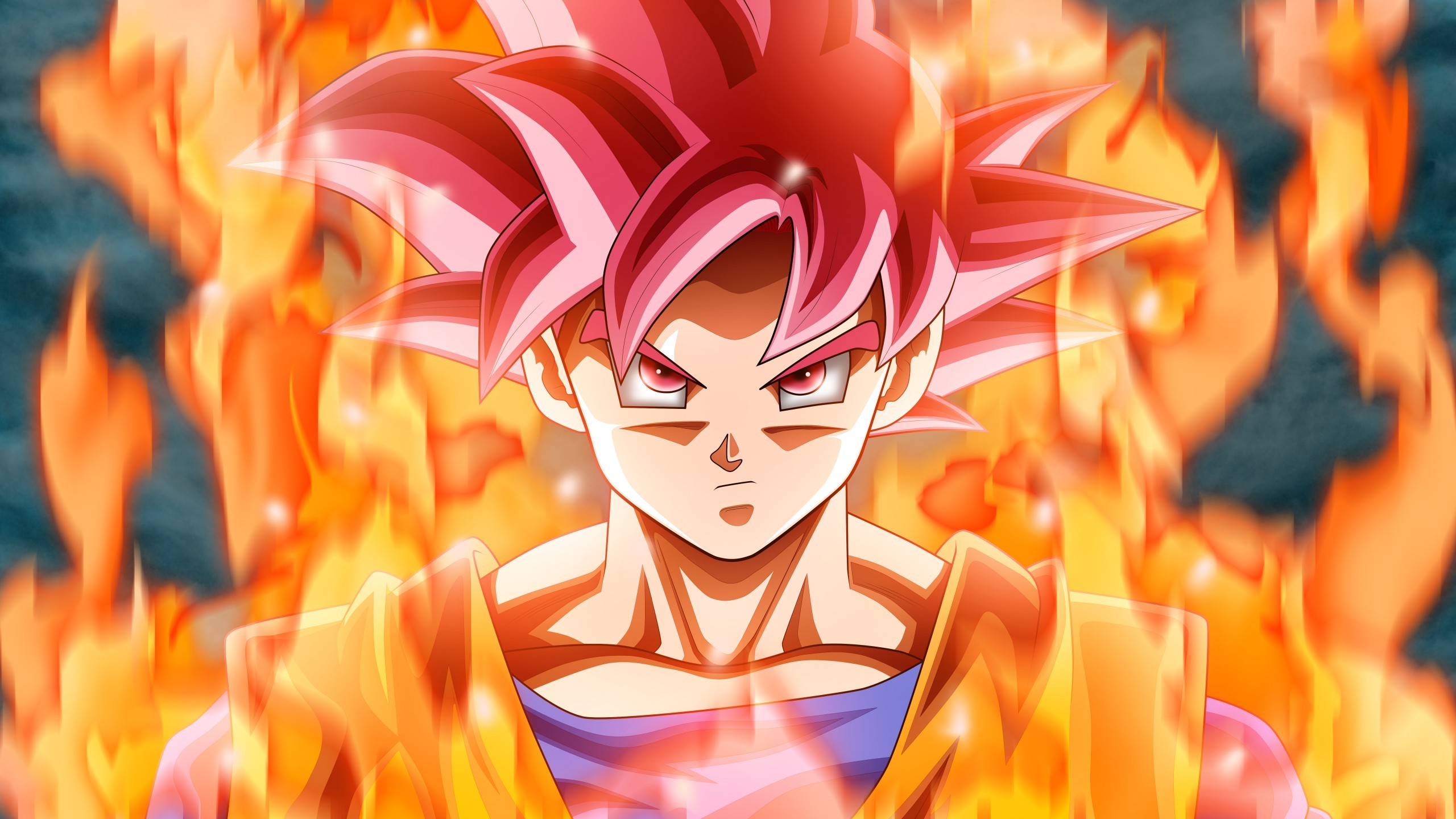 Son Goku, Super Saiyan God, Dragon Ball Super, Fiamme, Capelli rossi, sfondo 2K per portatile
