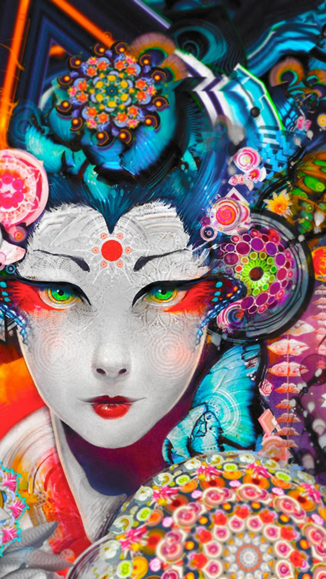 Geisha, Mandala, Fiori, Arte digitale, wallpaper per iPhone e Android