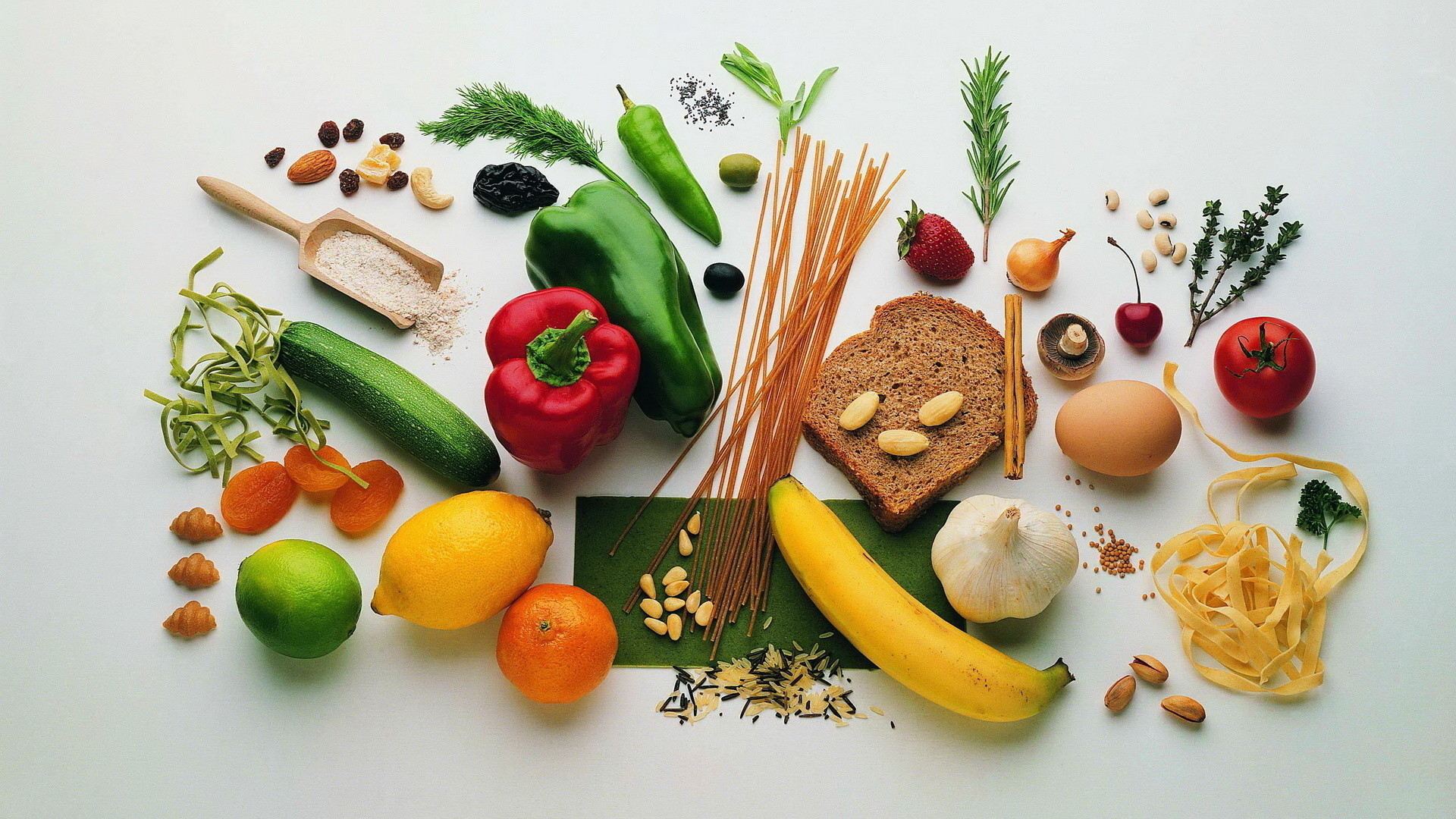 Verdure, Pasta, Frutta, Sfondo bianco, Ingredienti, Full HD, wallpaper desktop