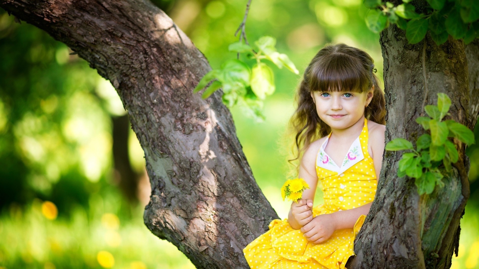 Bambina, Vestito giallo, Albero, Sorriso, Full HD 1080p, sfondo desktop