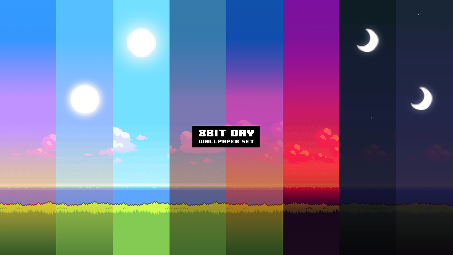 8bit Day, Pixel art, Ciclo giorno notte, Sole, Luna, 1920x1080, sfondo per PC