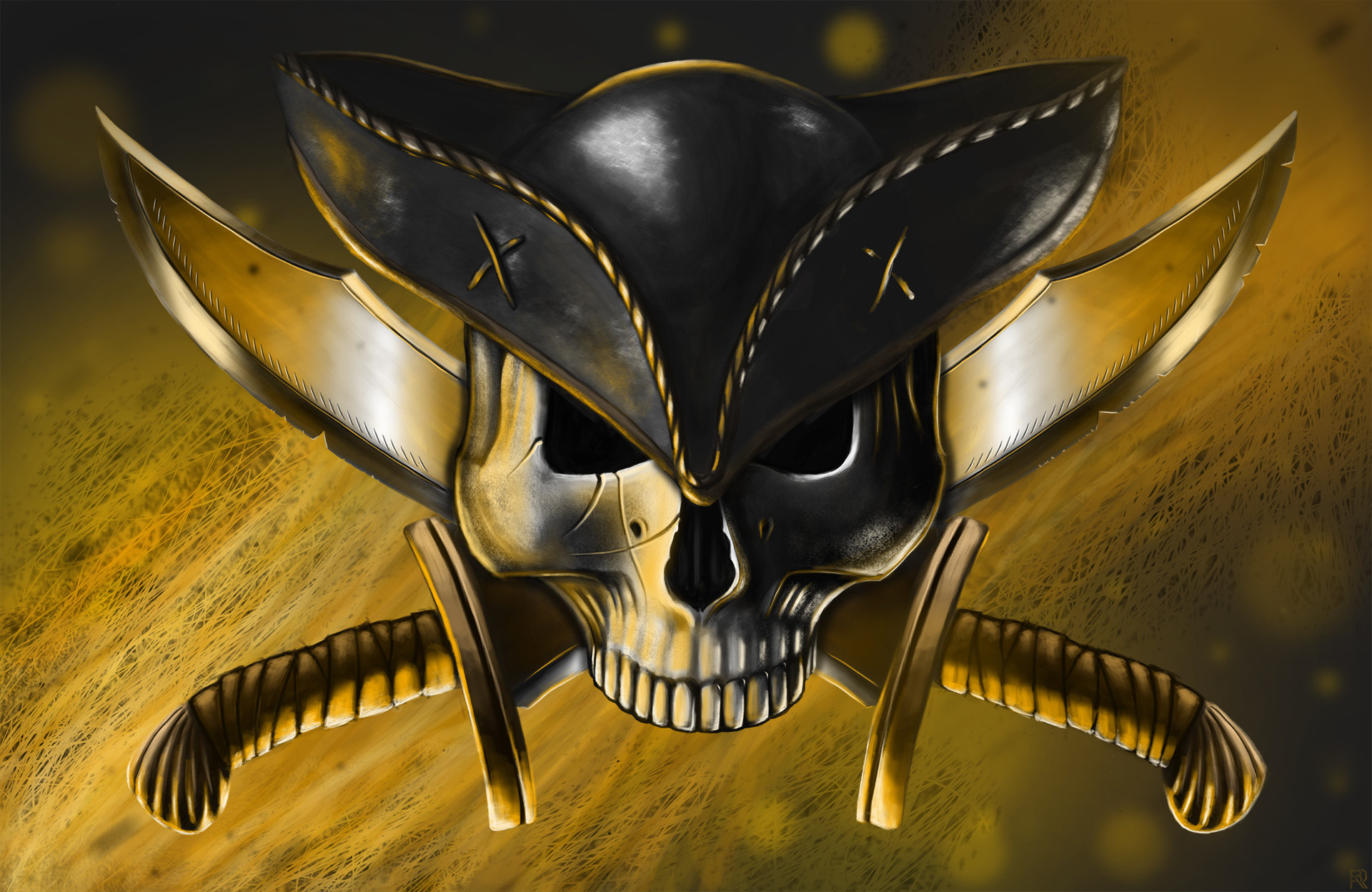 Teschio, Cappello pirata, Sciabole, Oro, 3D, Full HD, sfondo desktop