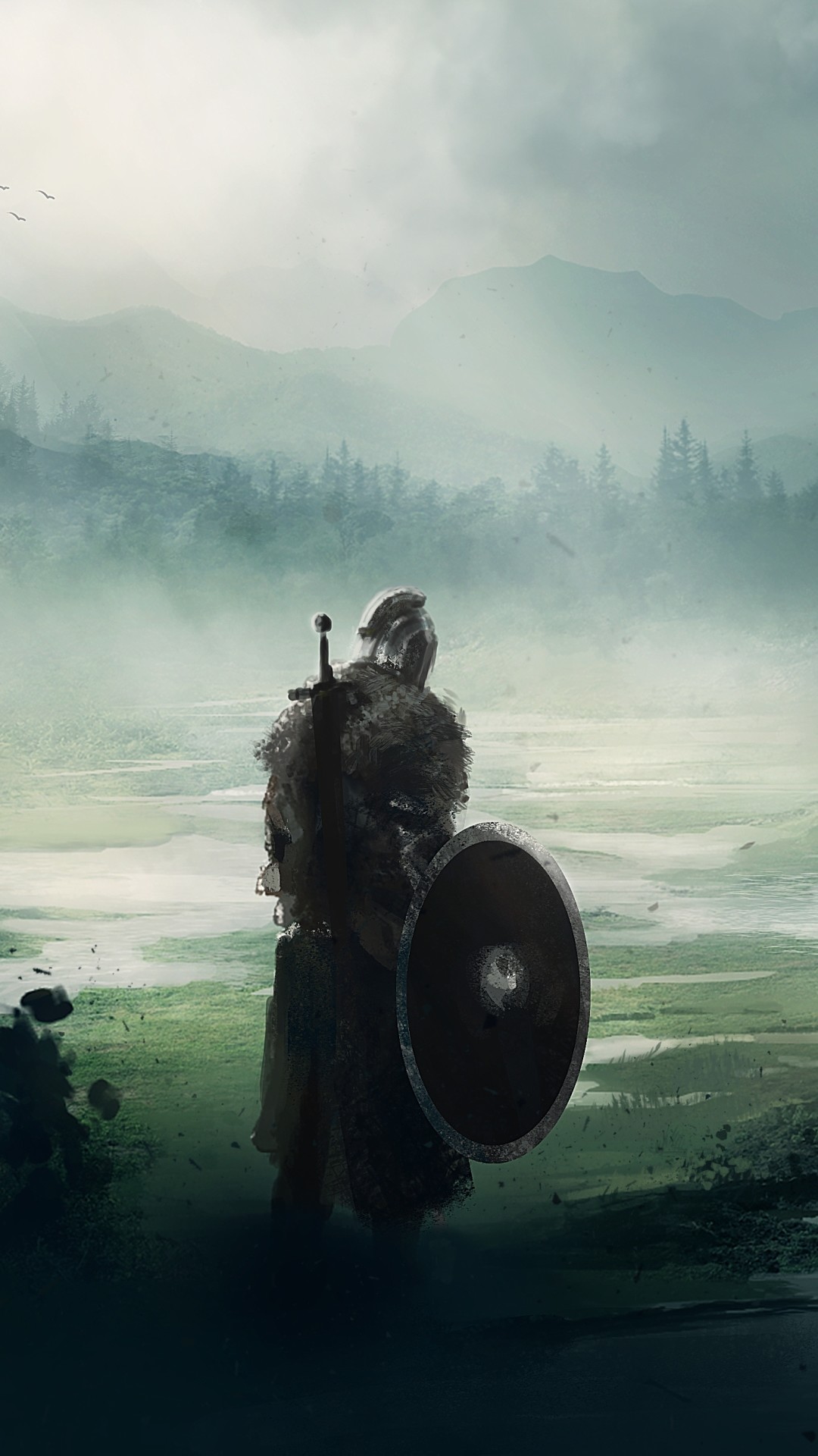 Dark Souls II, Cavaliere, Scudo, Nebbia, Pianura, Full HD, schermata di blocco del cellulare