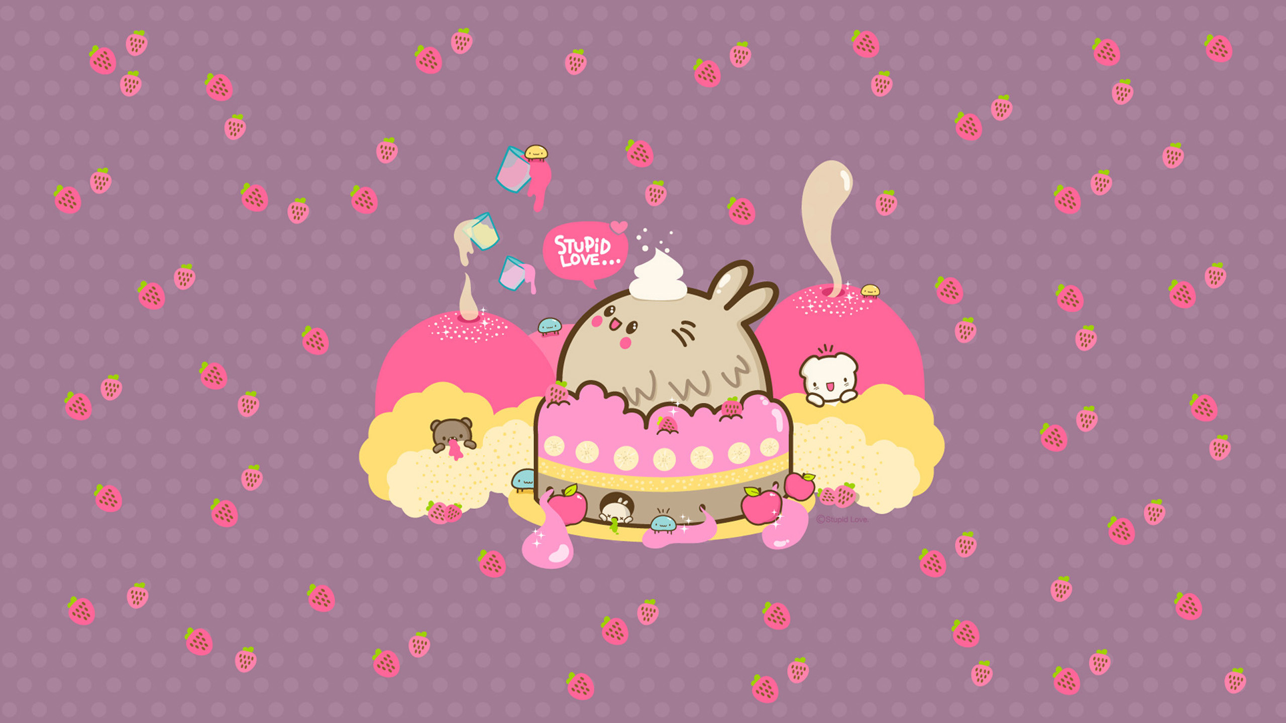 Torta, Dolci, Kawaii, Fragole, Viola, 2K, wallpaper per computer