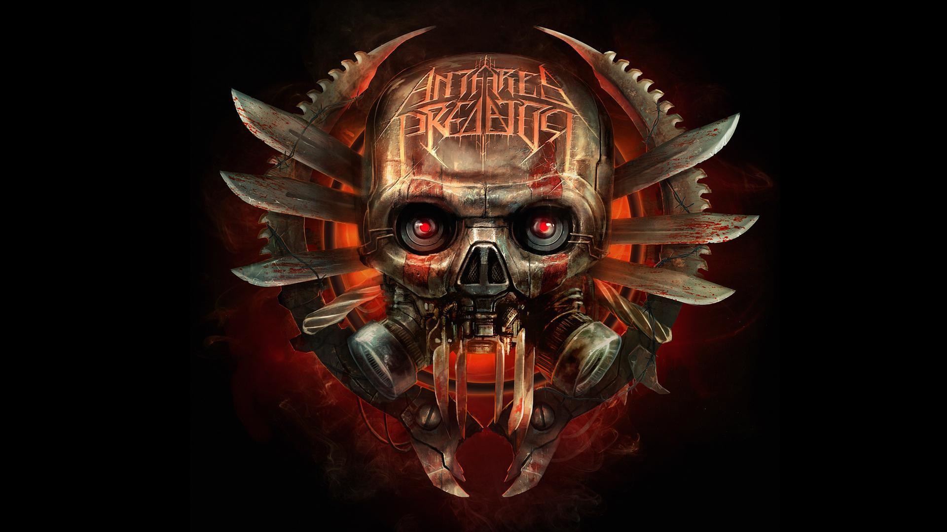 Teschio, Metallo, Occhi rossi, Logo band, Sfondo nero, 1920x1080, wallpaper desktop