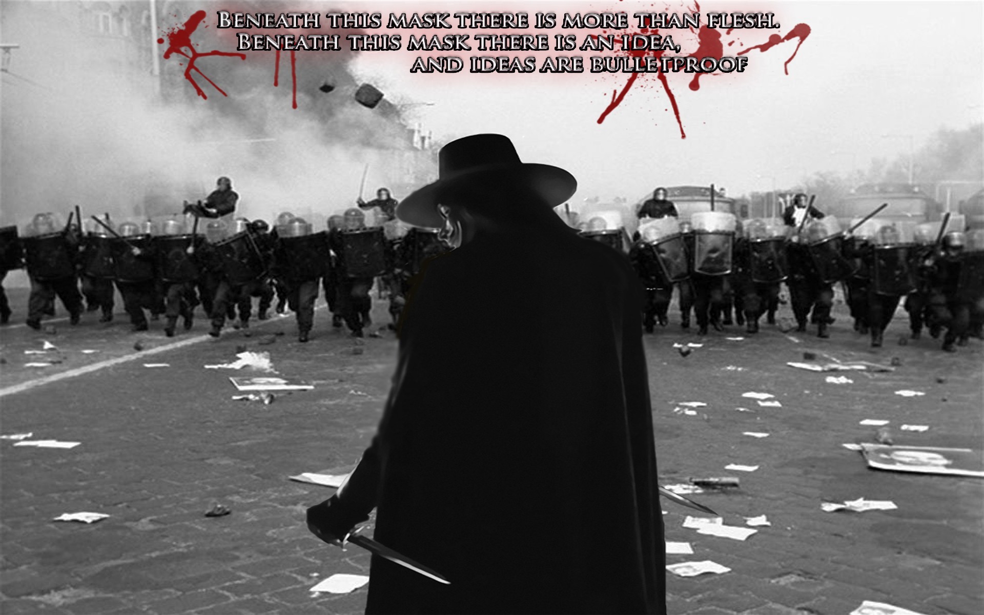 V per Vendetta, V, Polizia antisommossa, Citazione, Bianco e nero, sfondo Windows 11