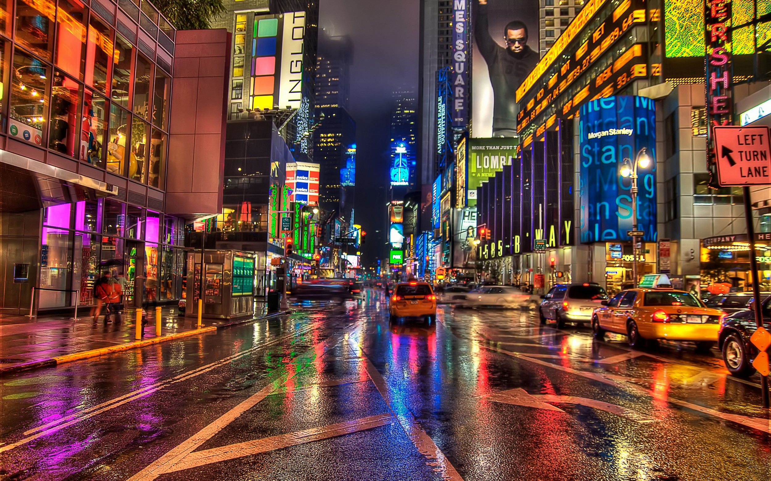 Times Square, New York, Strada bagnata, Notte, Neon, 2500x1562, sfondo MacBook Pro