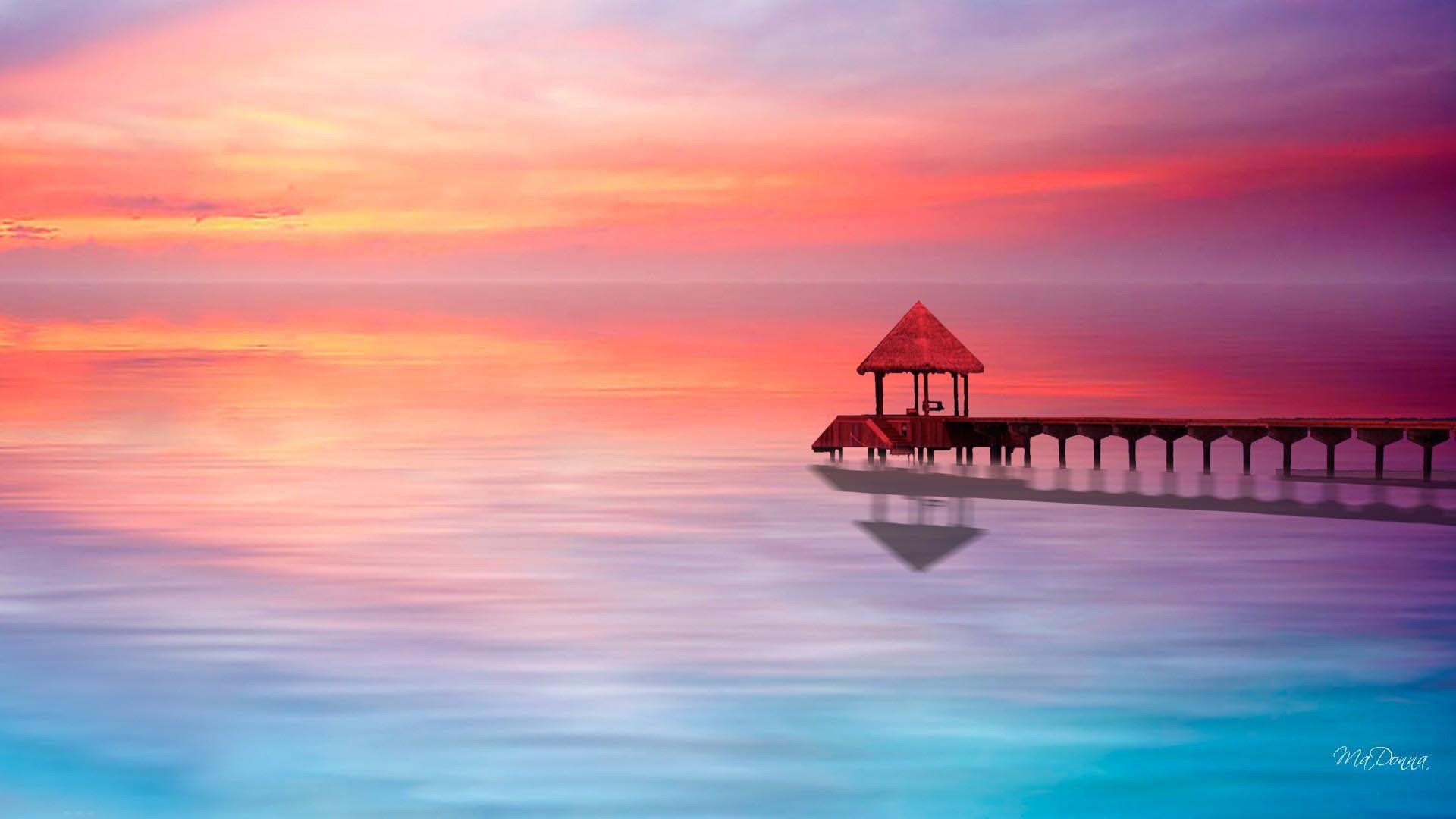 Molo, Gazebo, Tramonto, Mare, Full HD, sfondo per PC