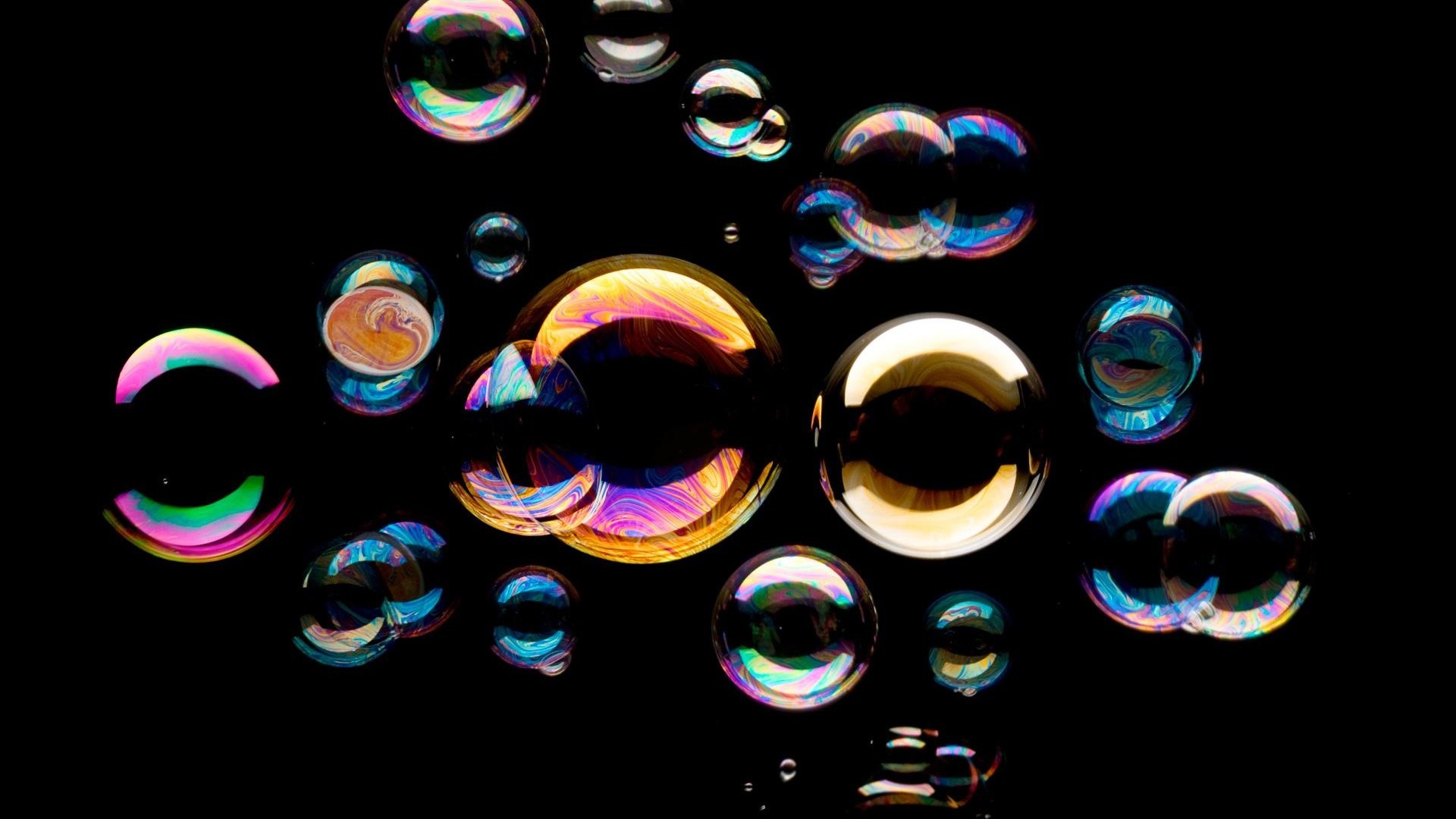 Bolle di sapone, Iridescenza, Sfondo nero, 16:9 Full HD, wallpaper widescreen