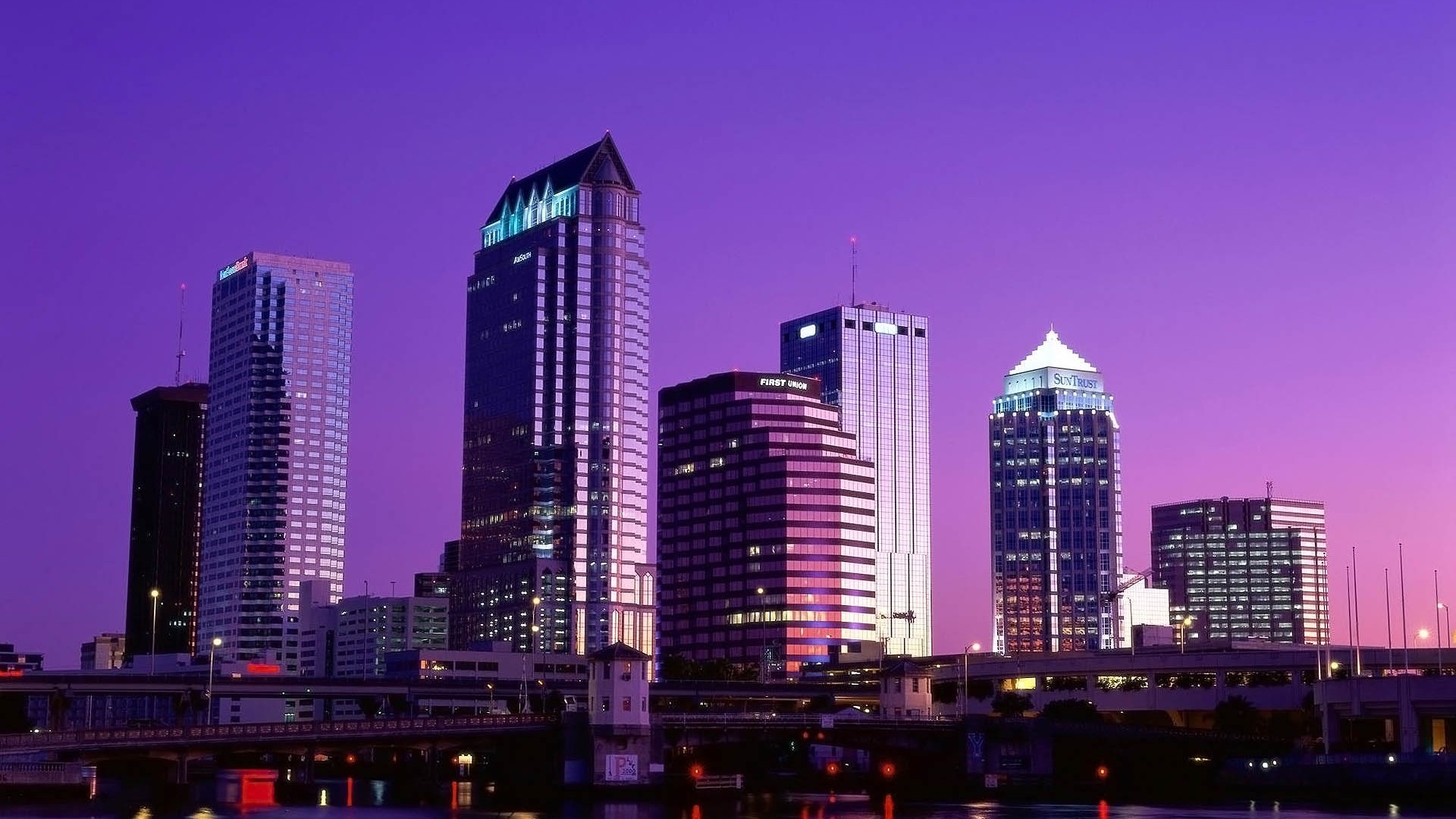 Tampa, Grattacieli, Skyline, Cielo viola, Full HD, wallpaper per PC