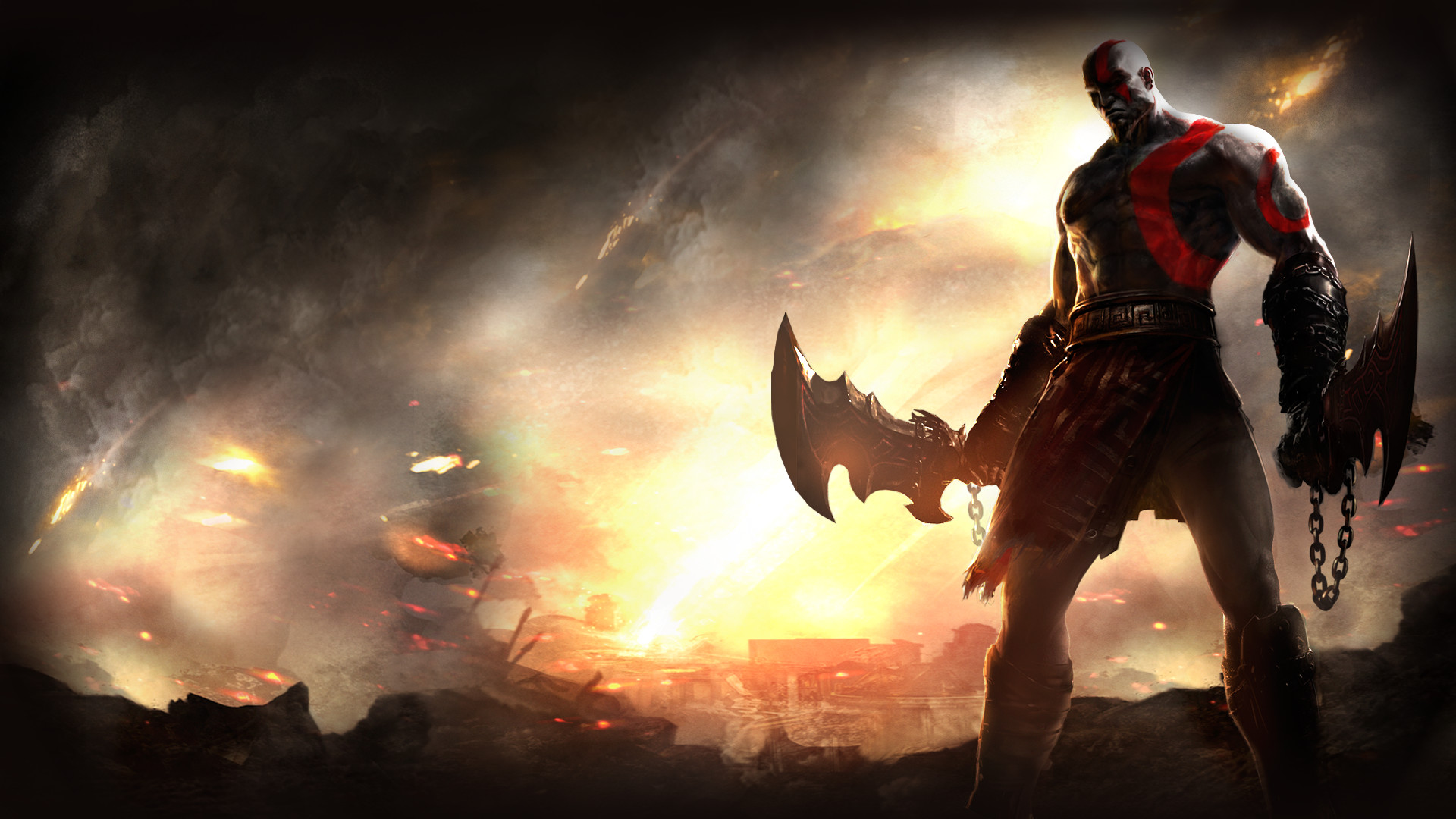 Kratos, God of War III, Lame del Caos, Battaglia, Fiamme, 16:9 Full HD, wallpaper widescreen