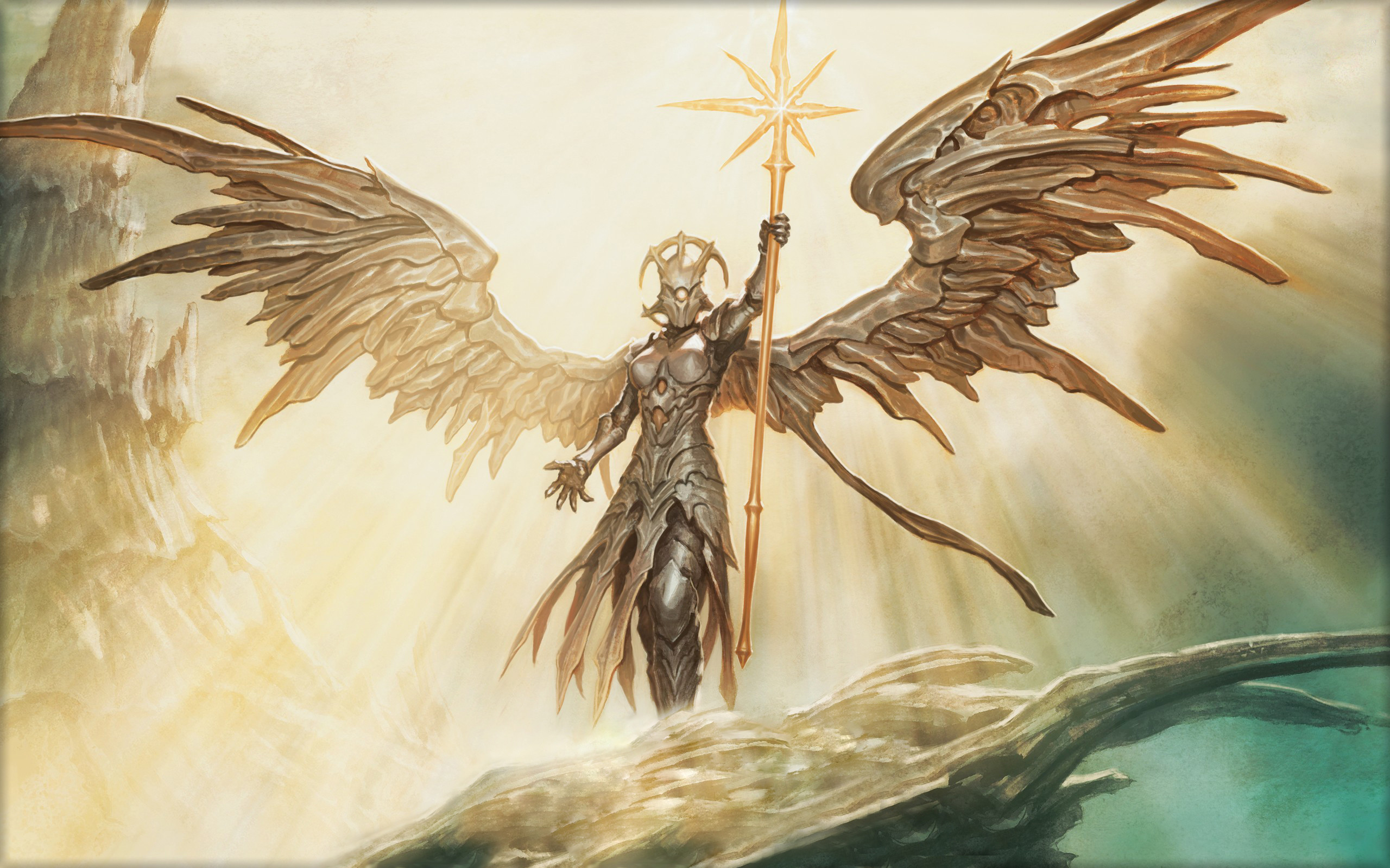 Angelo guerriero, Bastone, Stella, Ali, Luce, 2560x1600, sfondo per PC