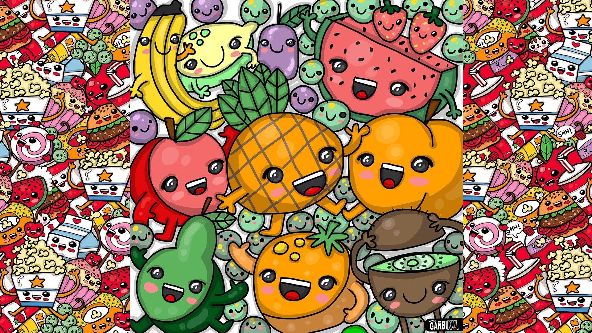 Garbi KW, Frutta kawaii, Anguria, Ananas, Banana, Doodle, 16:9 Full HD, sfondo widescreen