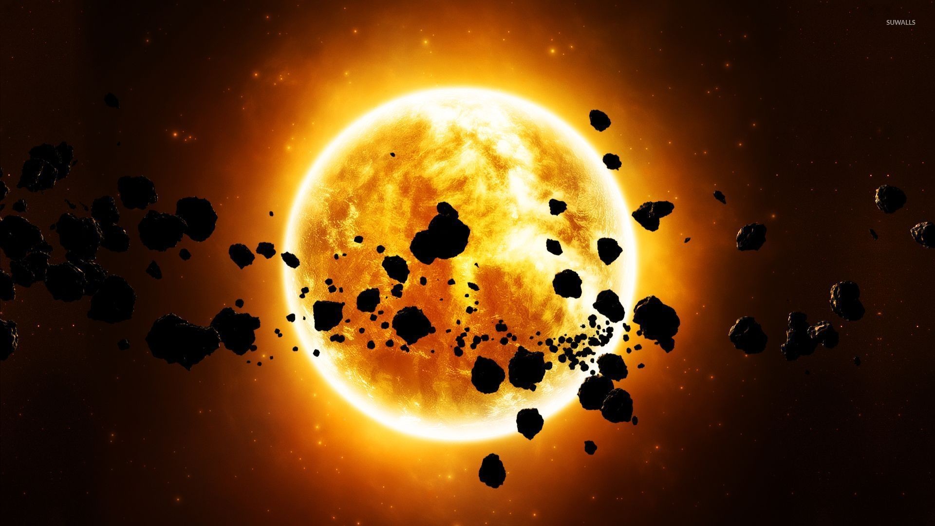 Sole, Asteroidi, Spazio, Arte digitale, 16:9 Full HD, sfondo widescreen