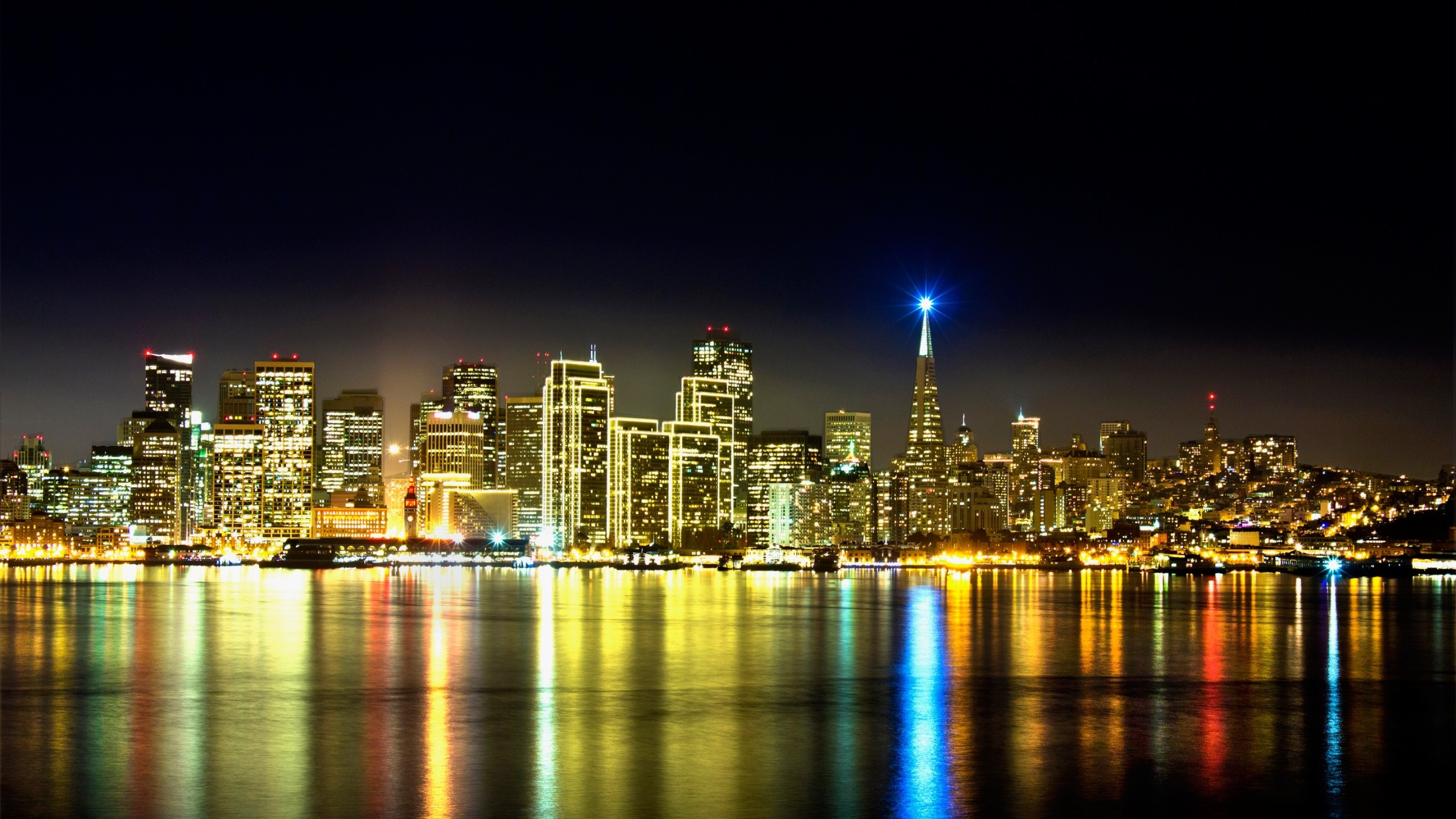 San Francisco, Skyline, Notte, Riflesso, Baia, 2K, wallpaper desktop