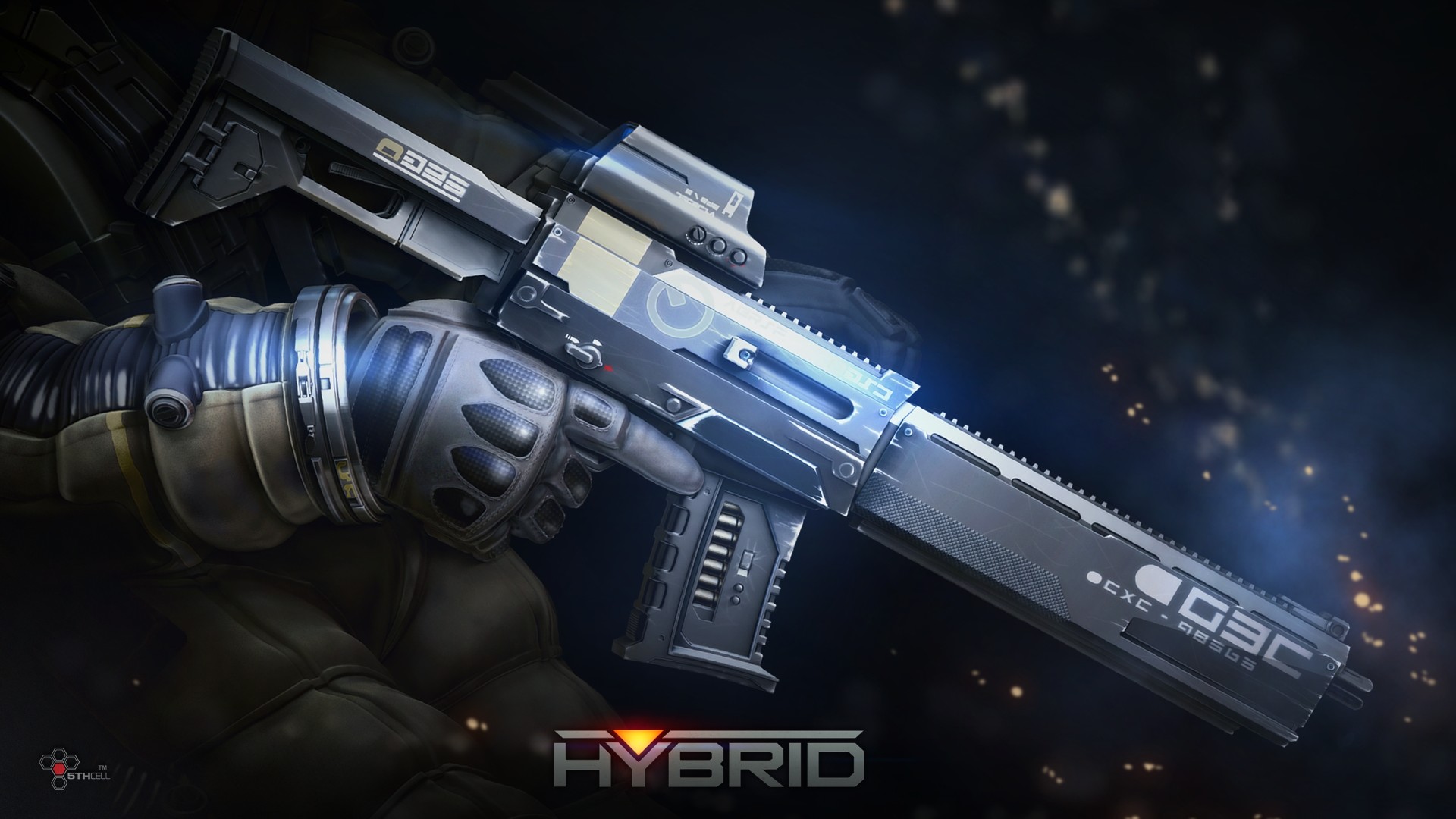 Hybrid, Fucile futuristico, Fantascienza, Blu, 16:9 Full HD, sfondo widescreen