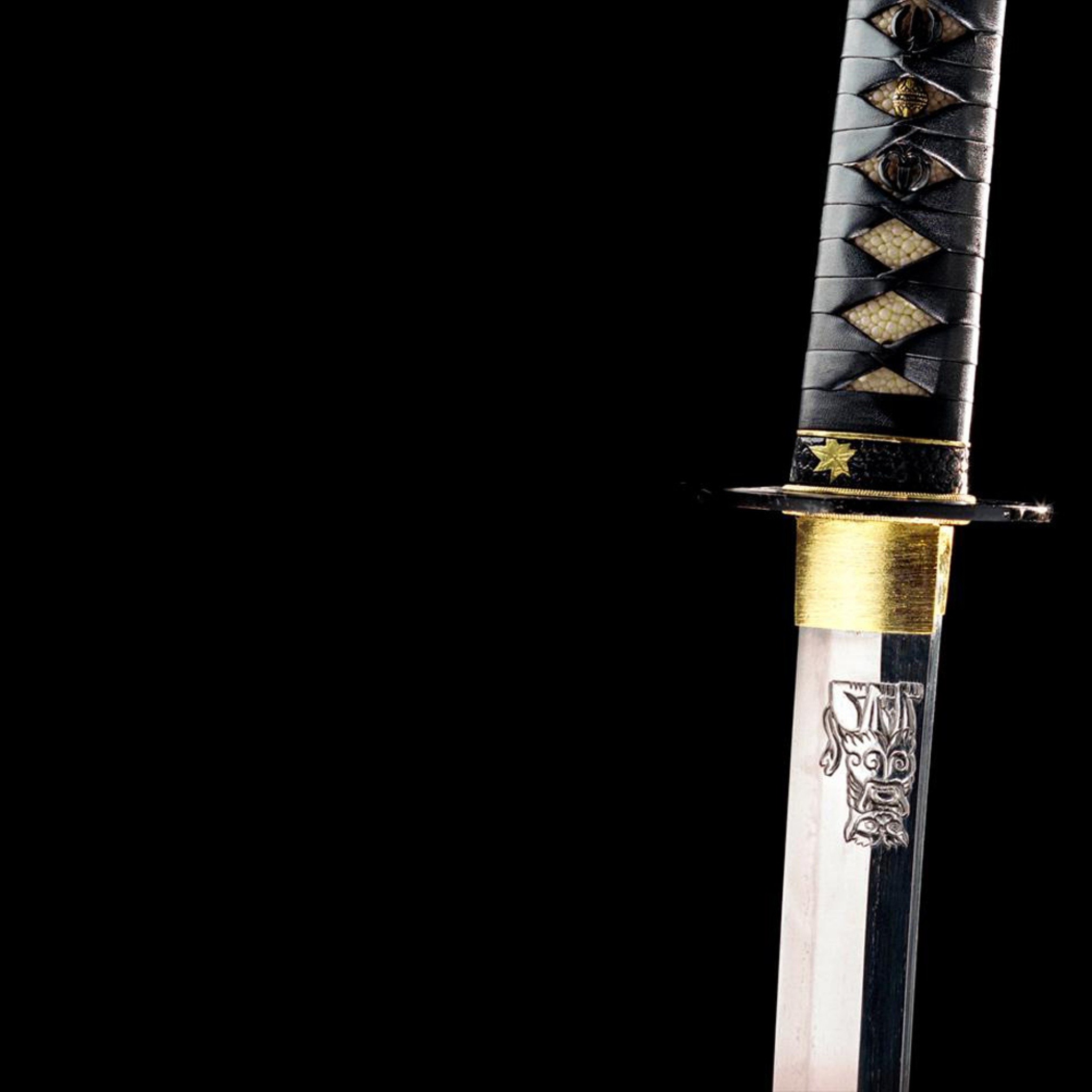 Katana, Habaki, Tsuka, Sfondo nero, Full HD, schermata di blocco iPad
