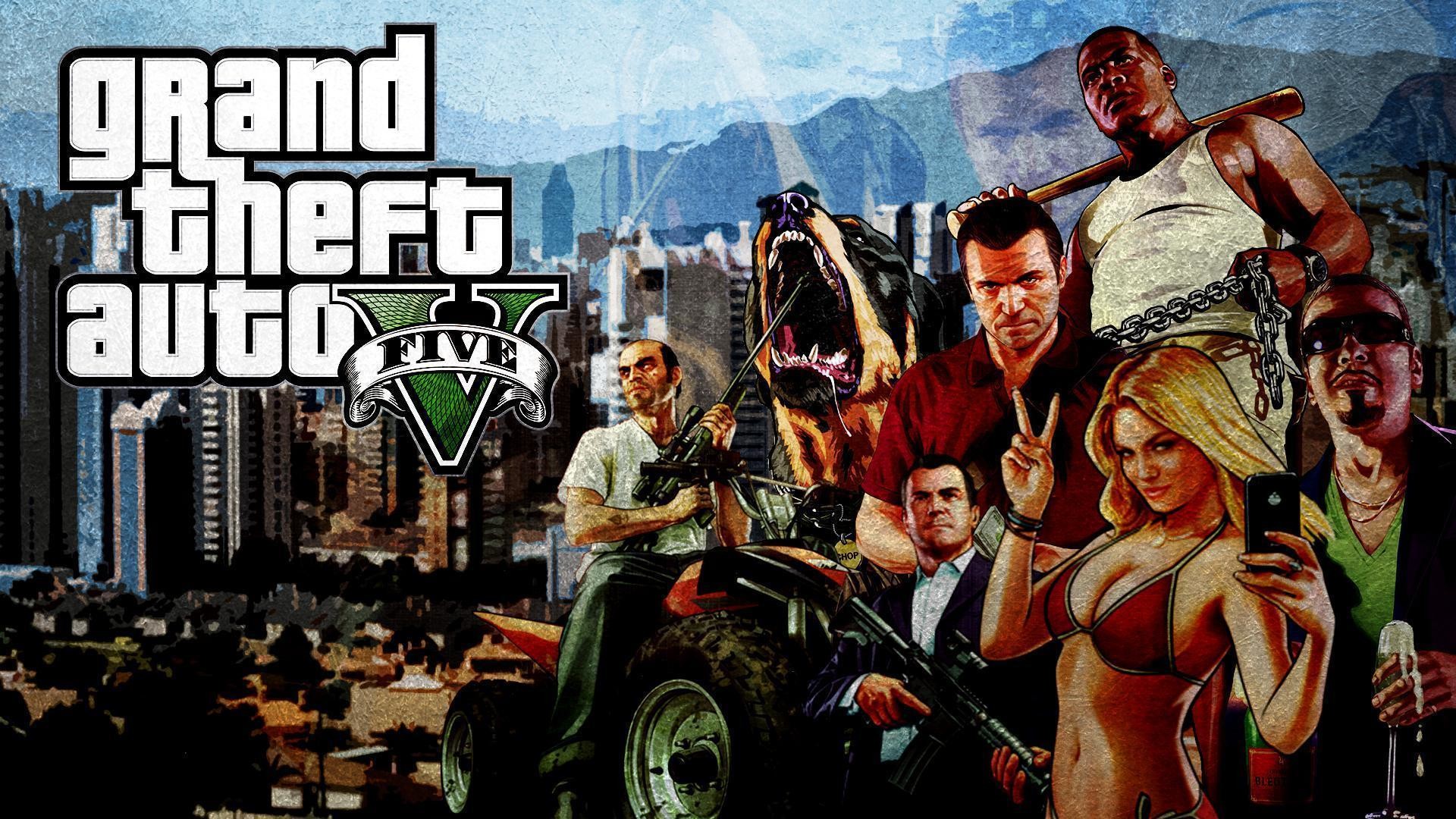 Grand Theft Auto V, Logo, Personaggi, Chop, Full HD, sfondo desktop